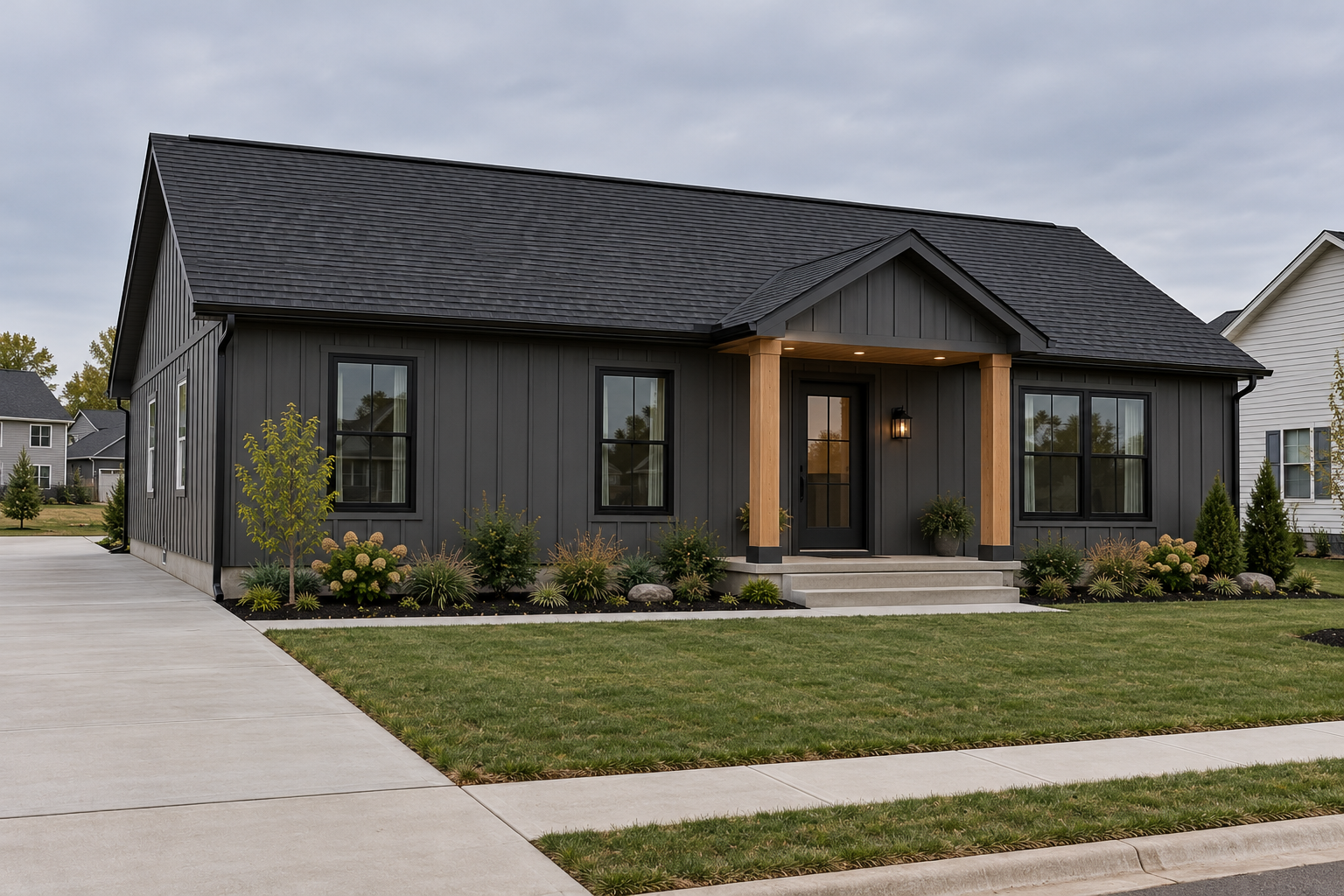 A modern black house with a gabled roof, front porch with wooden pillars, steps, and garden with bushes, plants, and small trees.