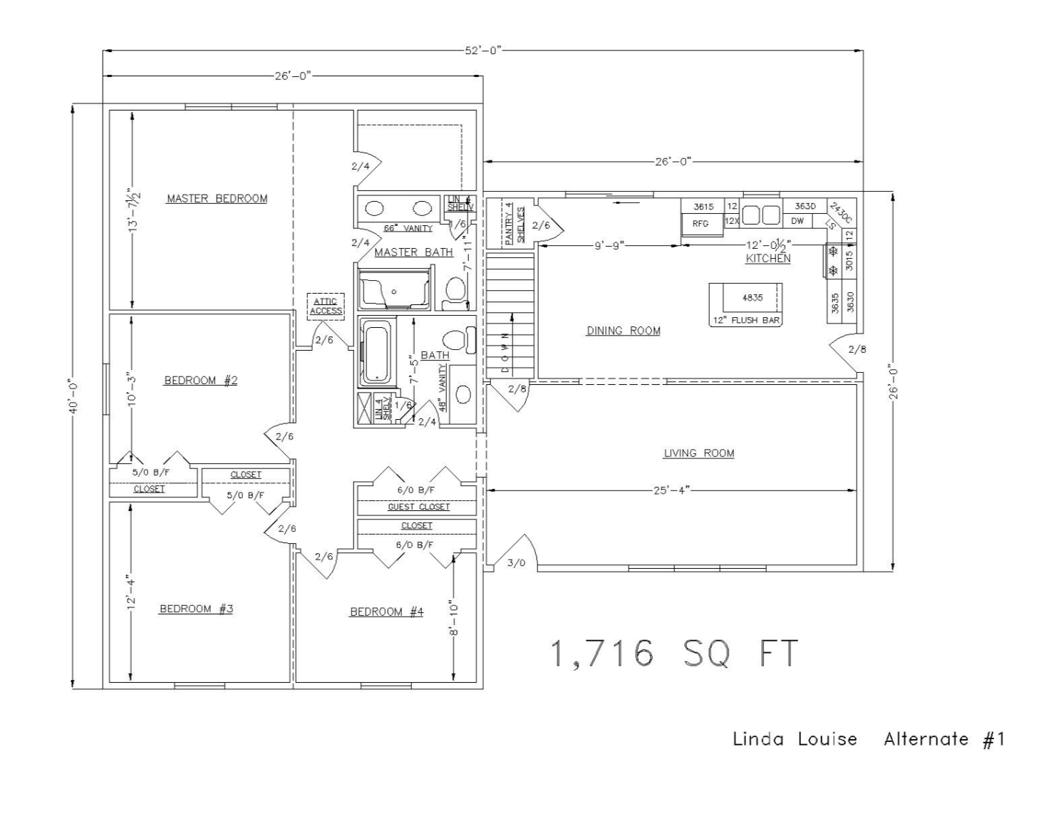 A detailed architectural floor plan of a house, showing layout and dimensions of rooms including bedrooms, bathrooms, kitchen, living and dining areas, with labels and measurements.