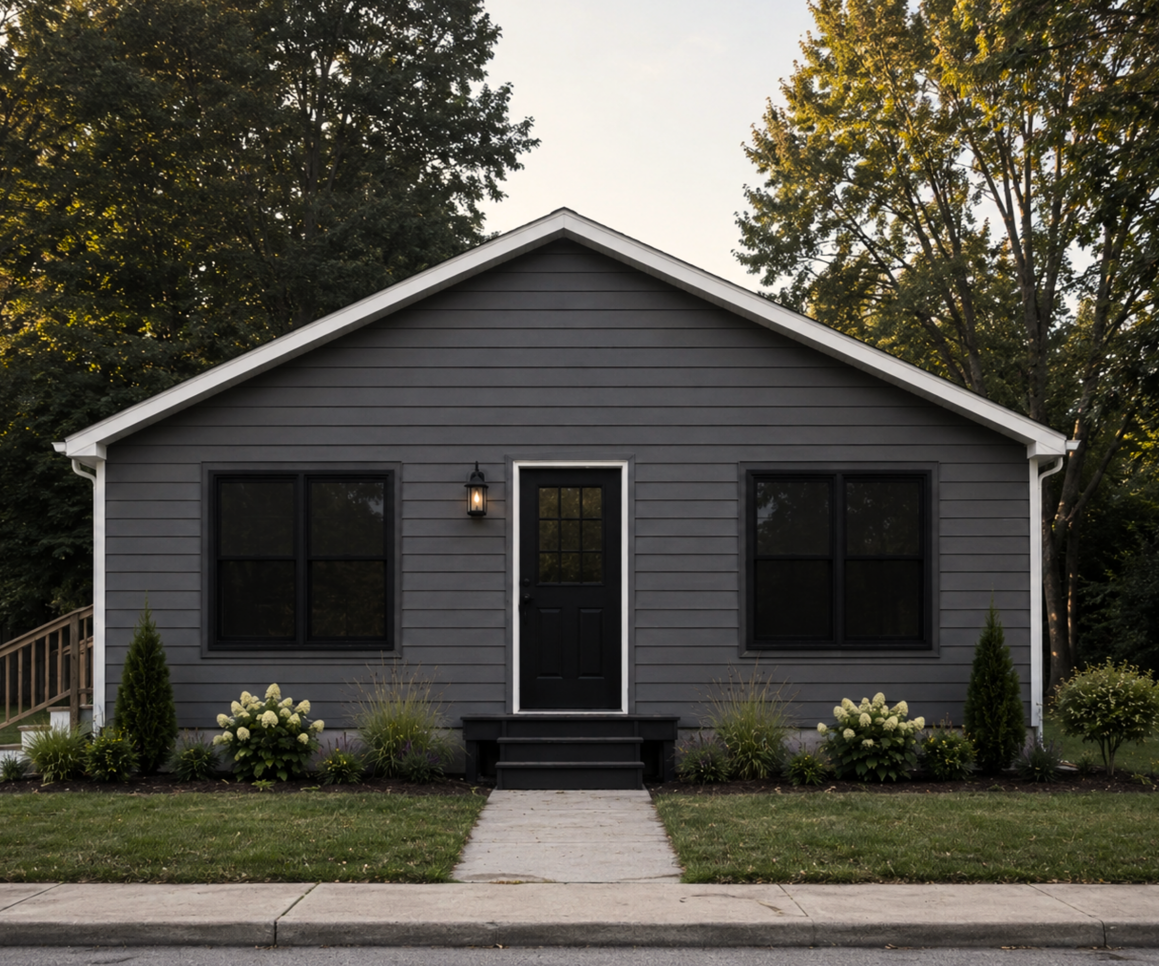 Front view of a gray house with black door and black window frames, small stairs leading to the entrance, a lantern light fixture beside the door, surrounded by a garden with plants and bushes, with large trees and a clear sky in the background.