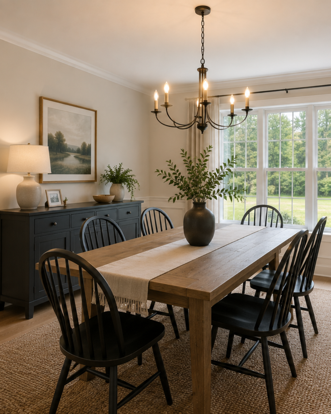 Dining room with a wooden table, six black chairs, a black vase with green branches, a black sideboard, a table lamp, a framed landscape painting, and a large window with white curtains letting in natural light.