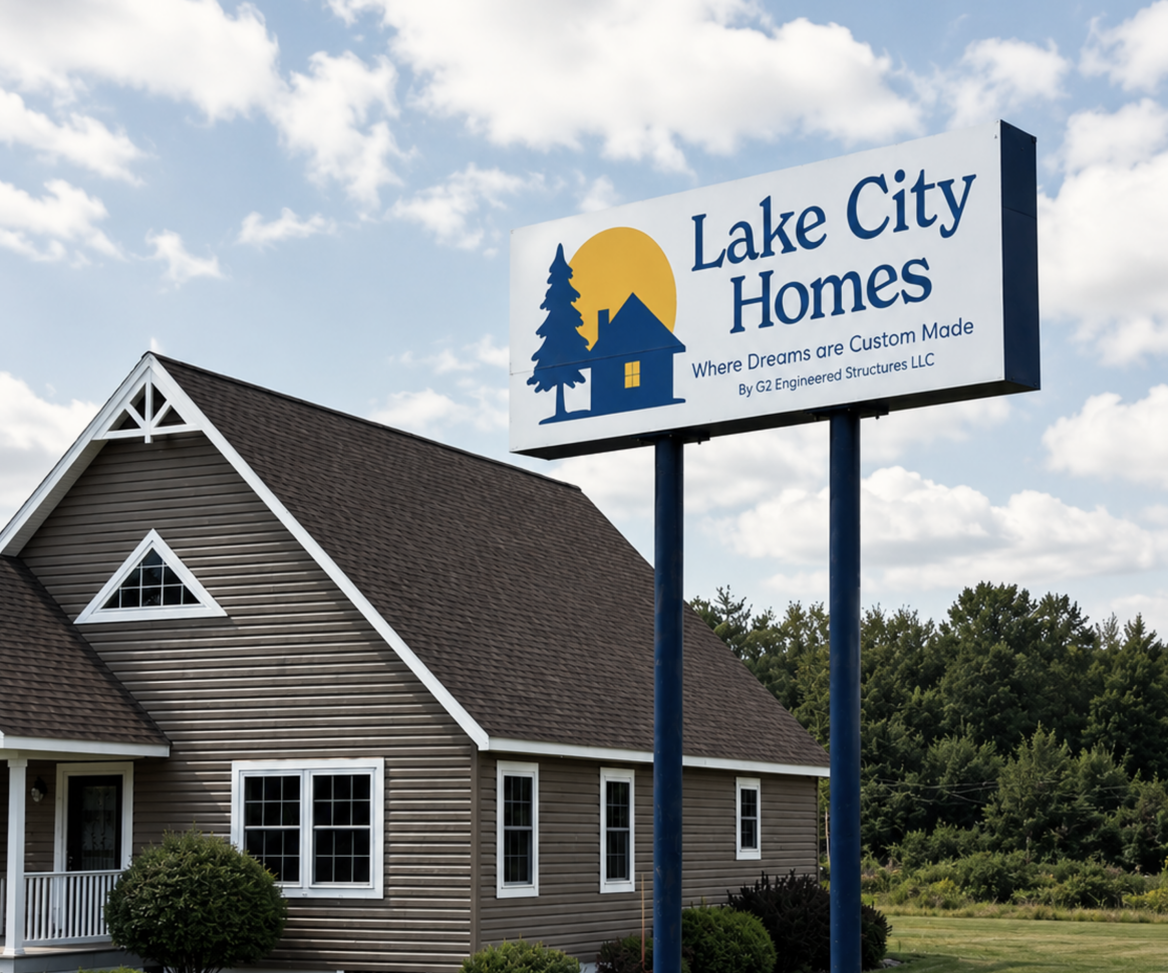 View of a residential house with brown siding, white trim, and multiple windows, with a blue sign in front that reads 'Lake City Homes' featuring a logo of a house and trees, and a yellow sun, against a background of a blue sky with scattered clouds and greenery.