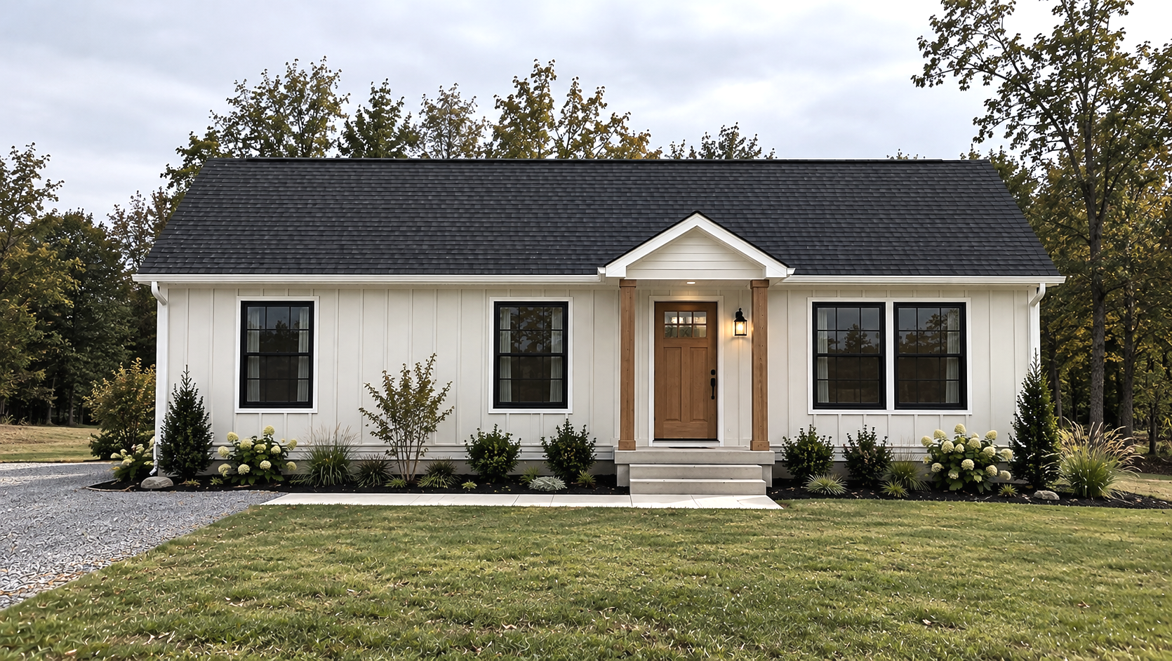 Front view of a modern house with white vertical siding, black-framed windows, a wooden front door, and a small porch with steps. The house has a dark shingled roof and is surrounded by landscaped plants and trees.