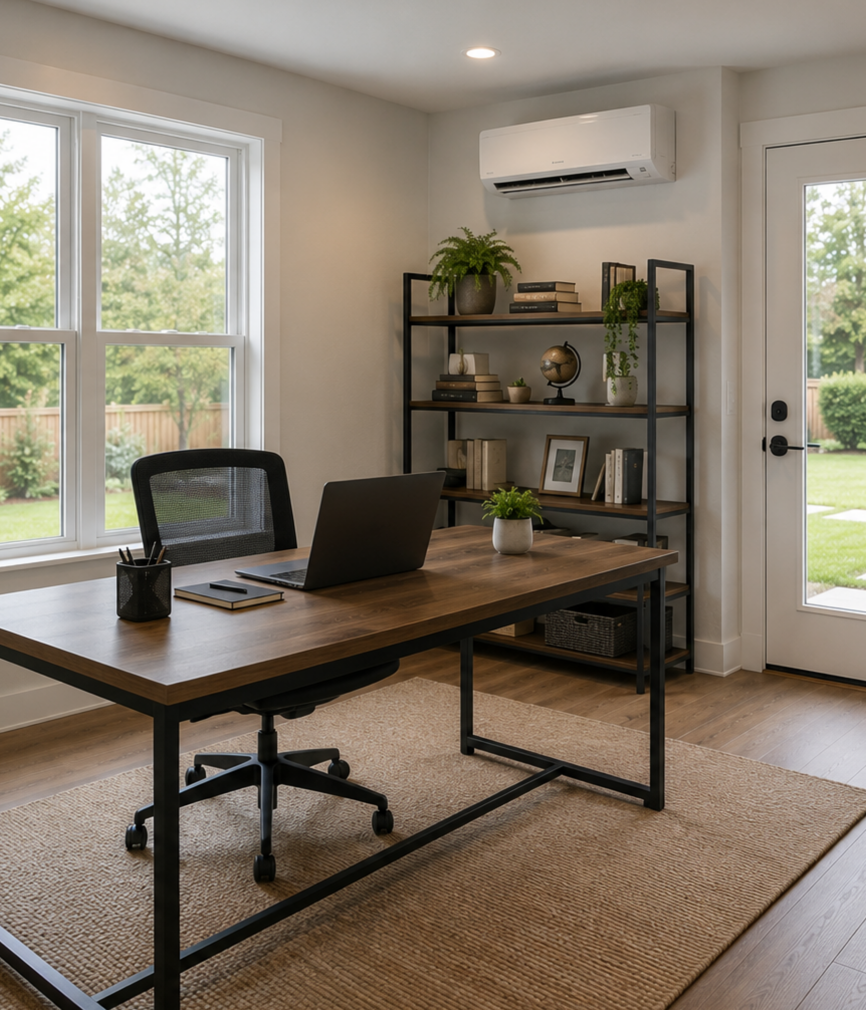 A modern home office with a wooden desk, black mesh office chair, and a beige rug. The desk has a laptop, notebook, and pen holder. Behind the desk is a black metal bookshelf with decorative items, books, and plants. Large window and glass door providing natural light and a view of greenery outside. A white wall-mounted air conditioner is above the bookshelf.