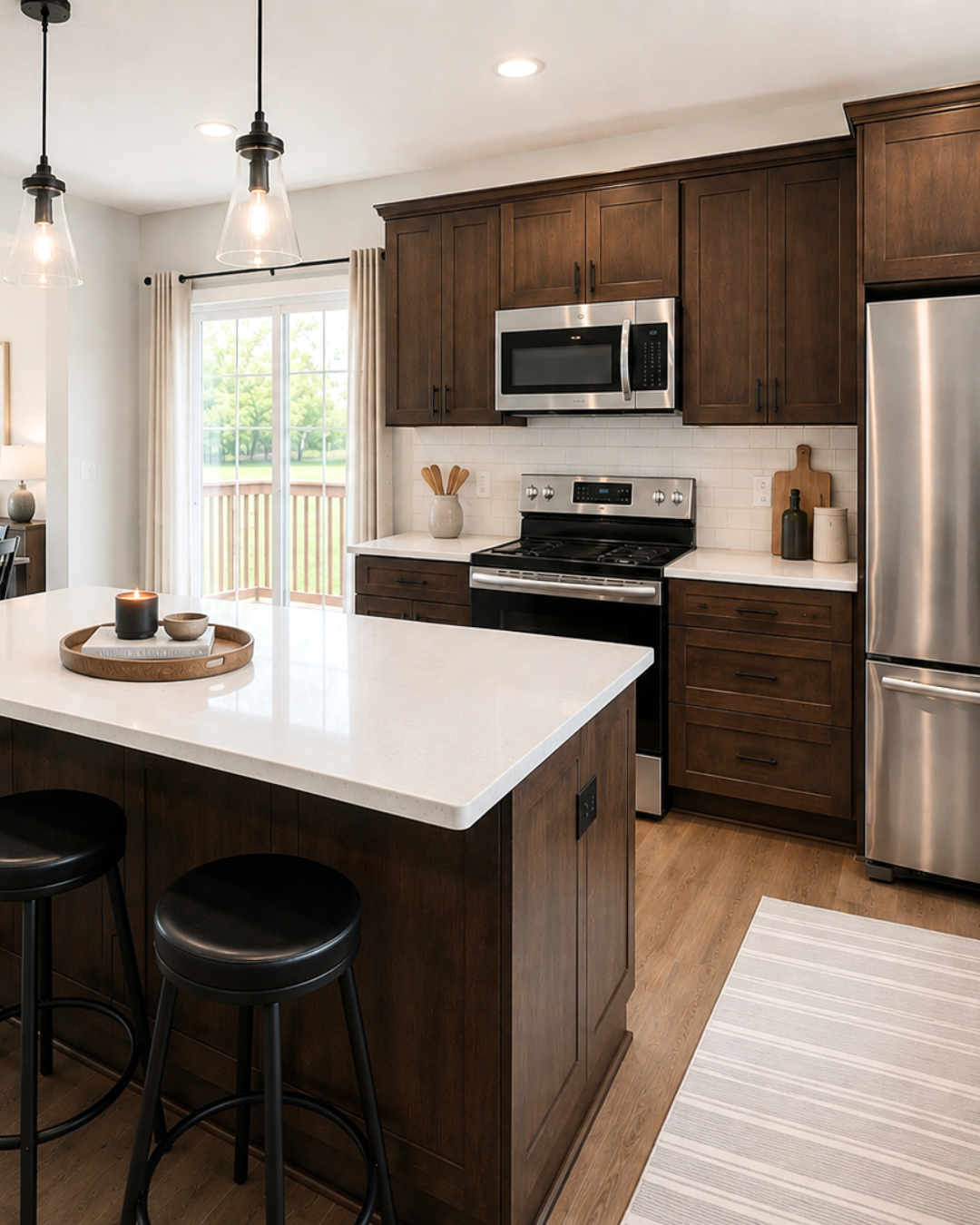 Modern kitchen with wooden cabinets, stainless steel appliances including microwave and refrigerator, white countertop island, and pendant lighting