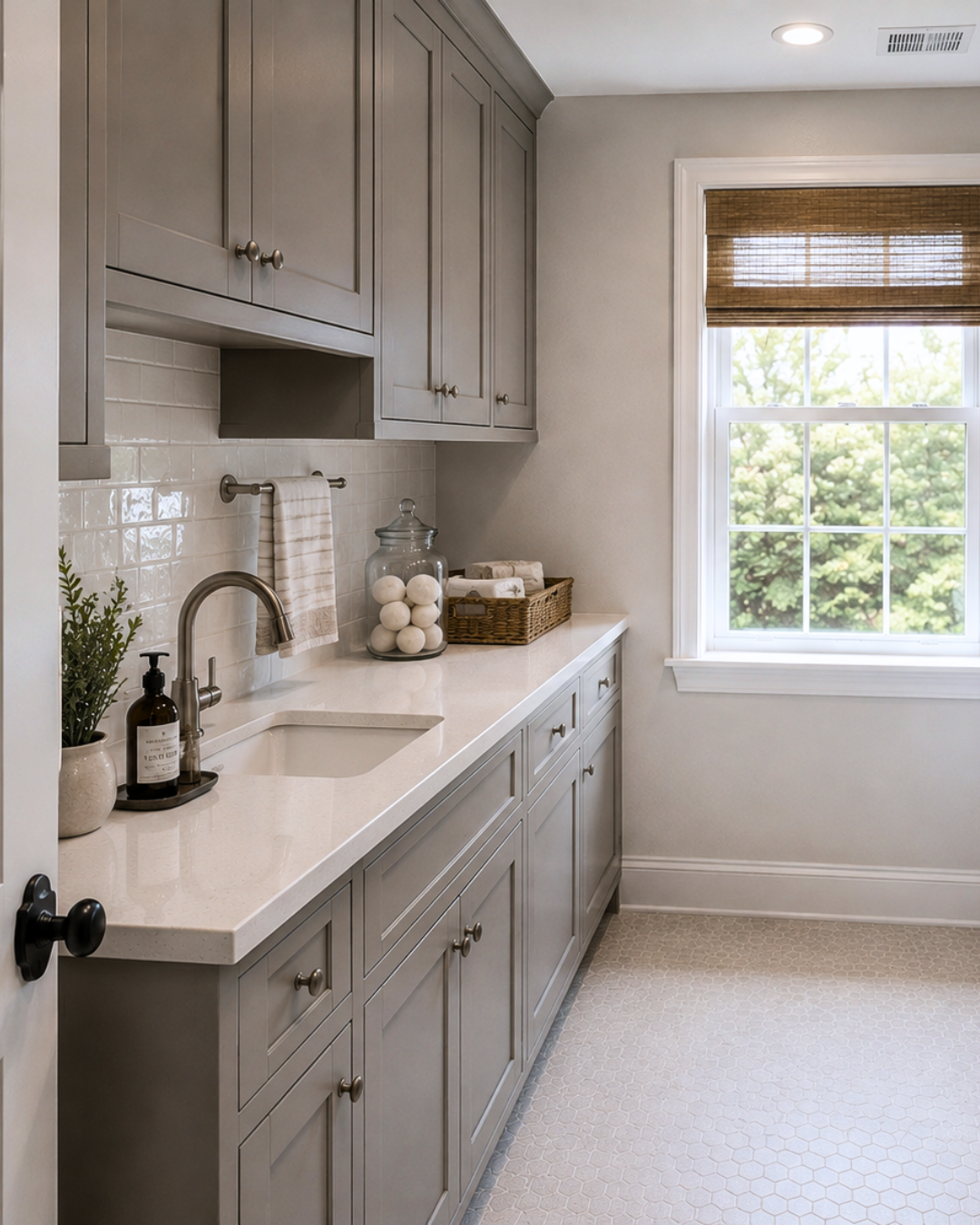 A bright kitchen with gray cabinets, white countertop, white backsplash tiles, a small sink, a window with a bamboo shade, and various decorative items.