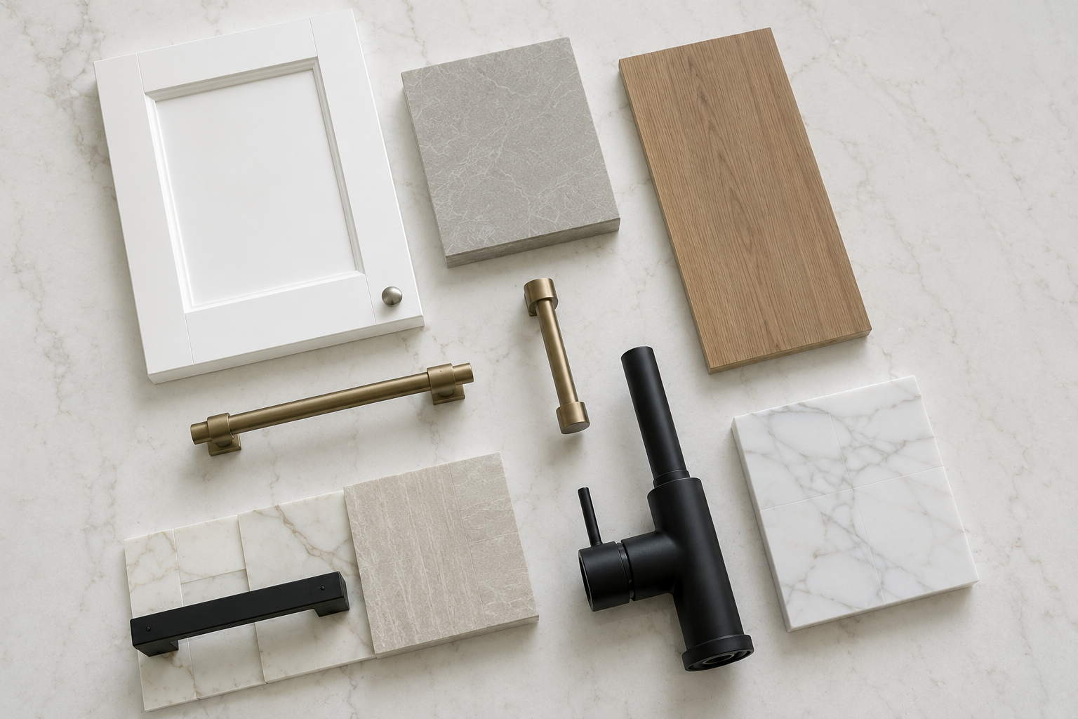 A collection of kitchen or bathroom fixtures and materials including a white cabinet door, various tile samples, brass hardware, a black faucet, and marble-like tile pieces on a white surface.