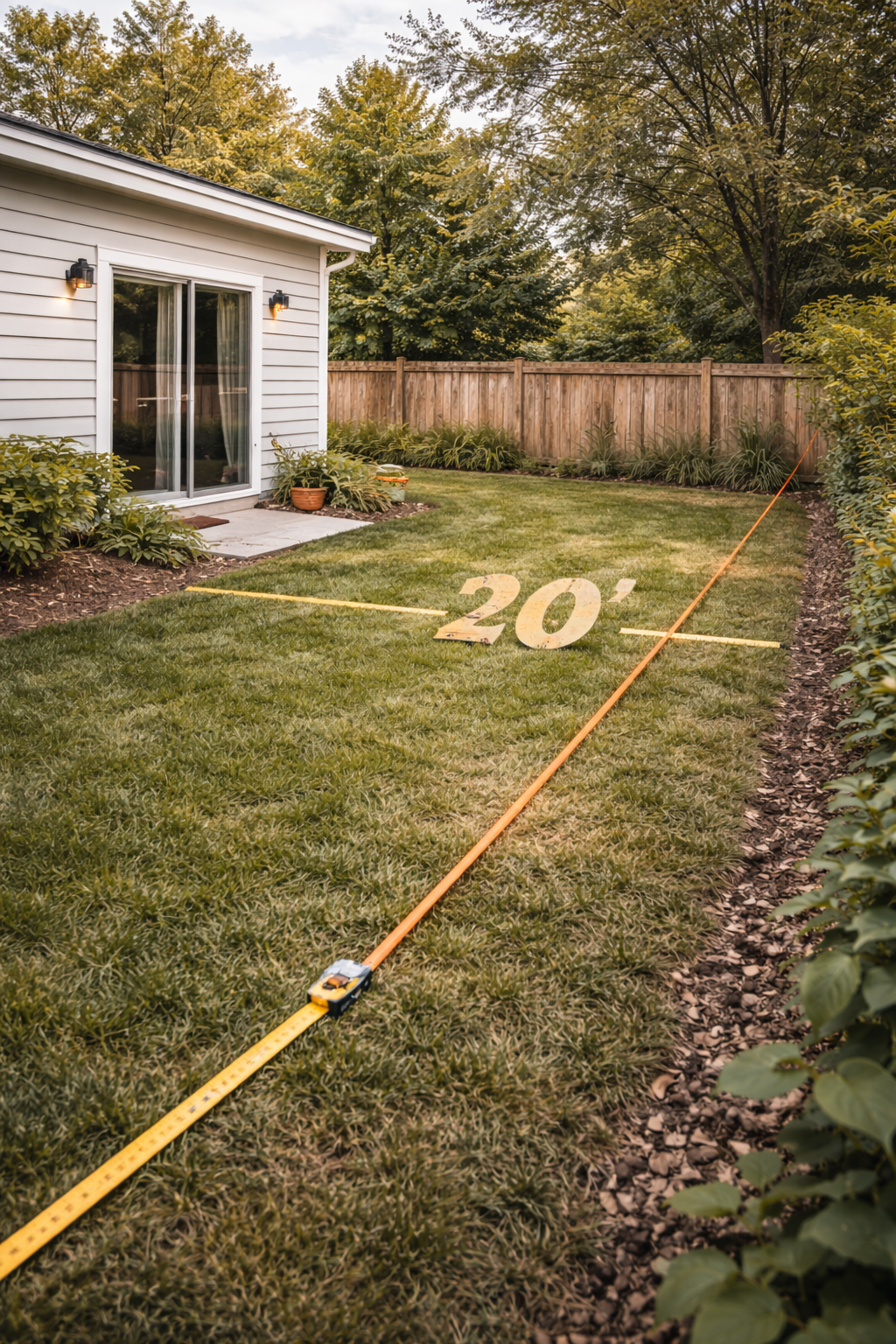 Grass in the backyard with a grey ADU showcasing measurements.