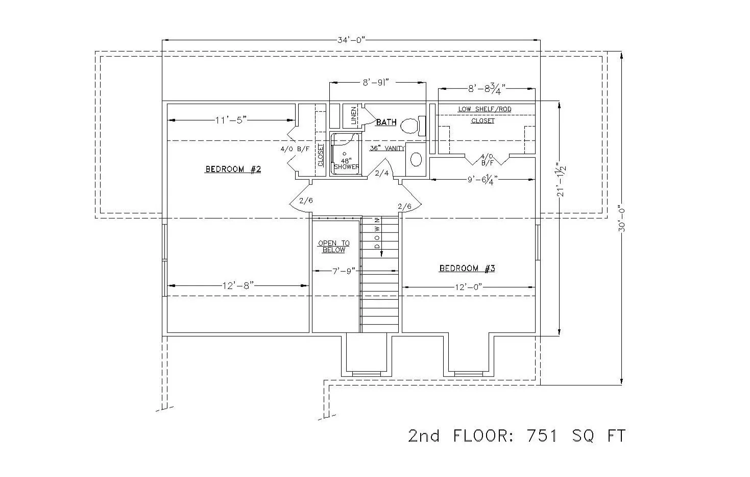 Architectural floor plan of the second story of a house, showing three bedrooms, a bathroom, and stairway. Dimensions and labels for each room are indicated.