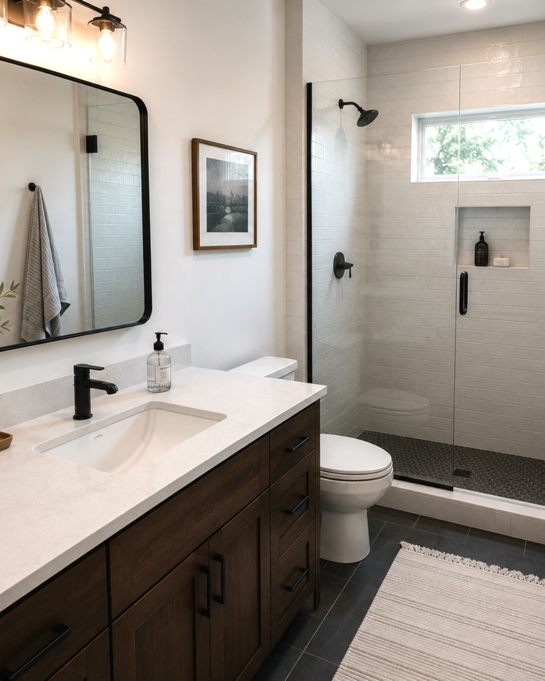 Modern bathroom with a vanity, mirror, framed picture, toilet, and a walk-in shower with a window and black fixtures.
