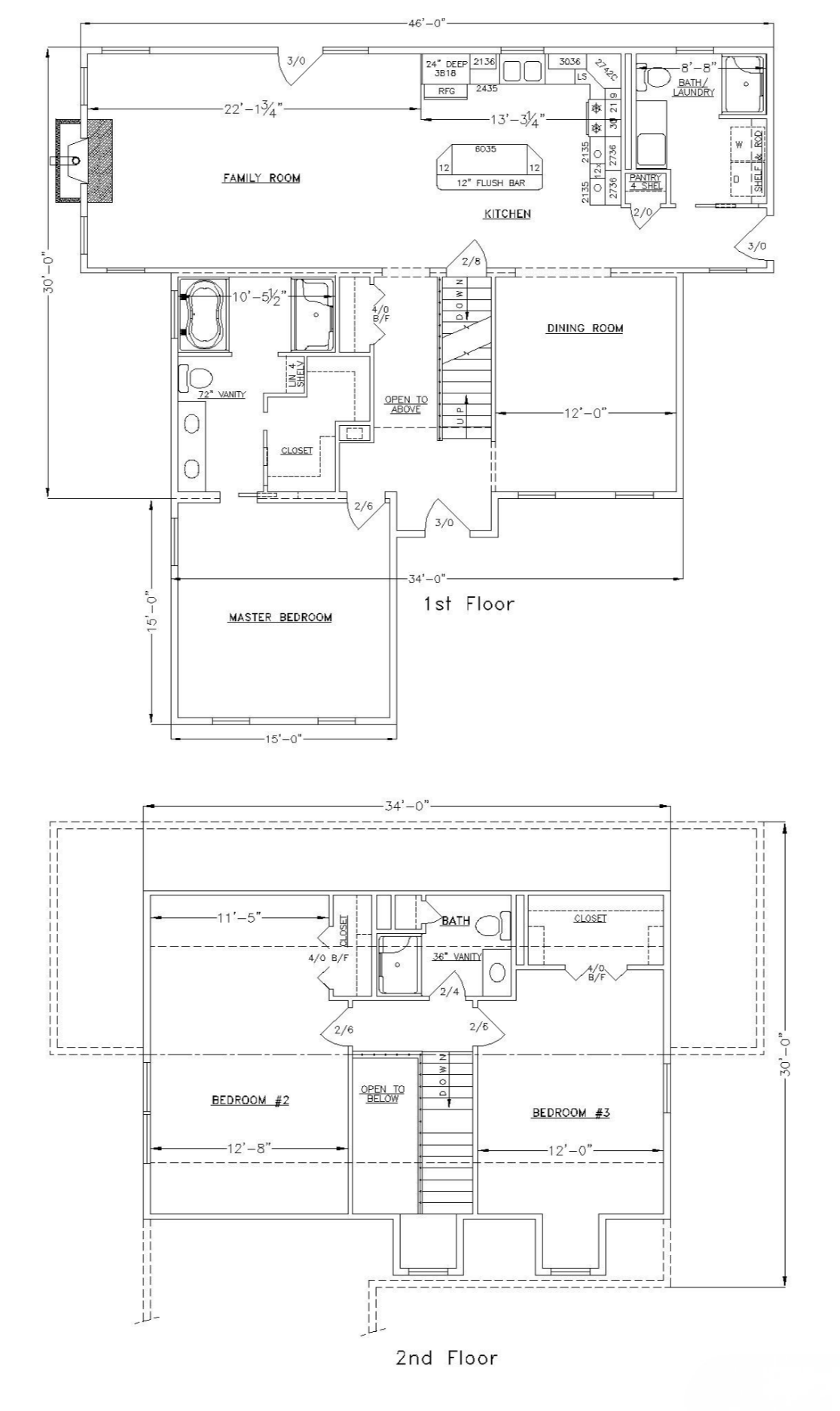 Floor plan blueprint of a two-story house with labeled rooms including a family room, kitchen, dining room, master bedroom, and bathrooms, with precise measurements for each area.