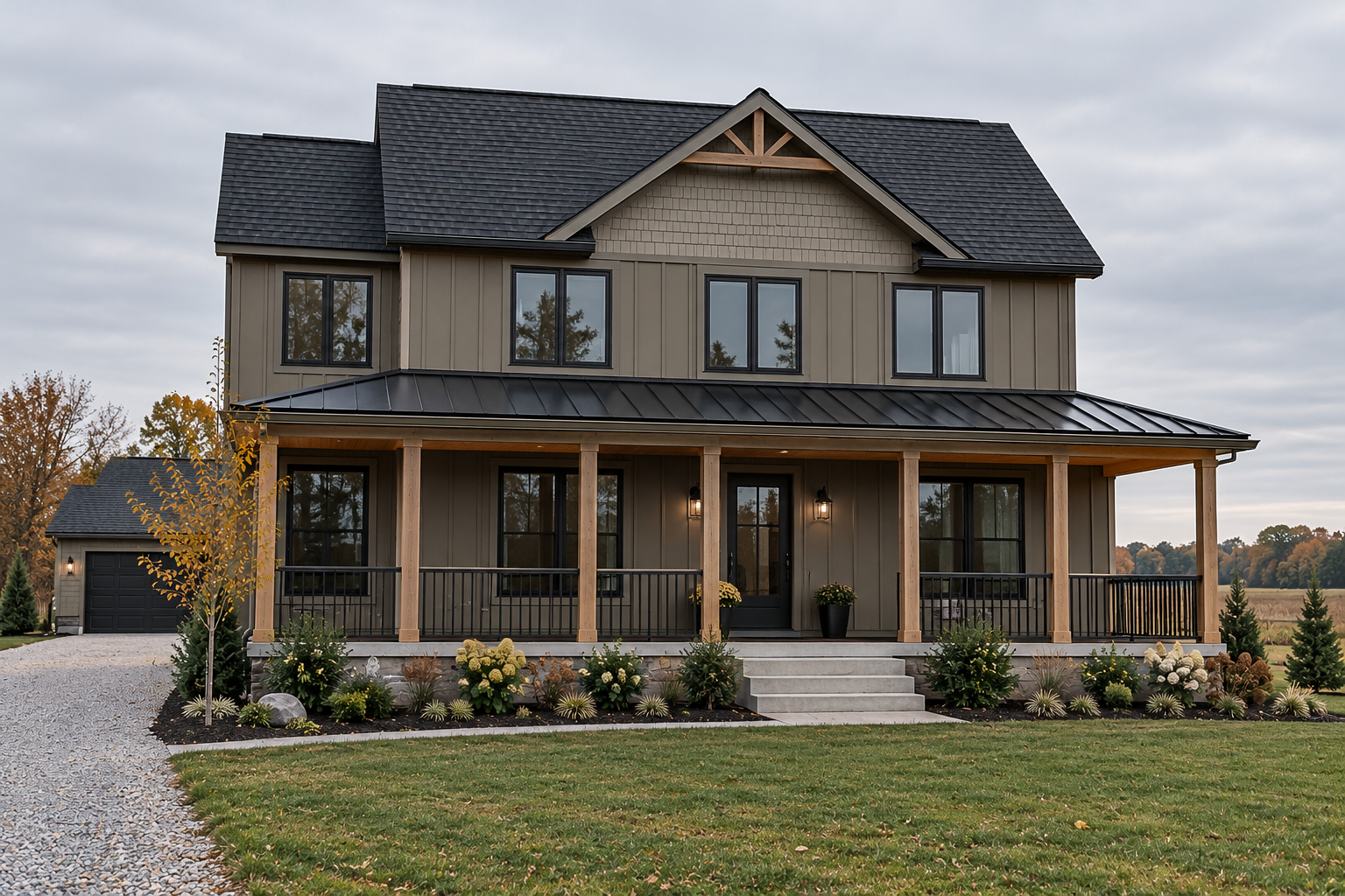A two-story modern house with a large front porch, black railing, and stairs leading to a landscaped yard with bushes and trees, under a cloudy sky.