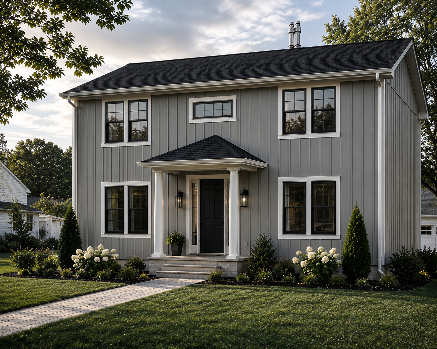 Front view of a modern gray two-story house with a black door, white trim, and black-framed windows, surrounded by green lawn and small trees.