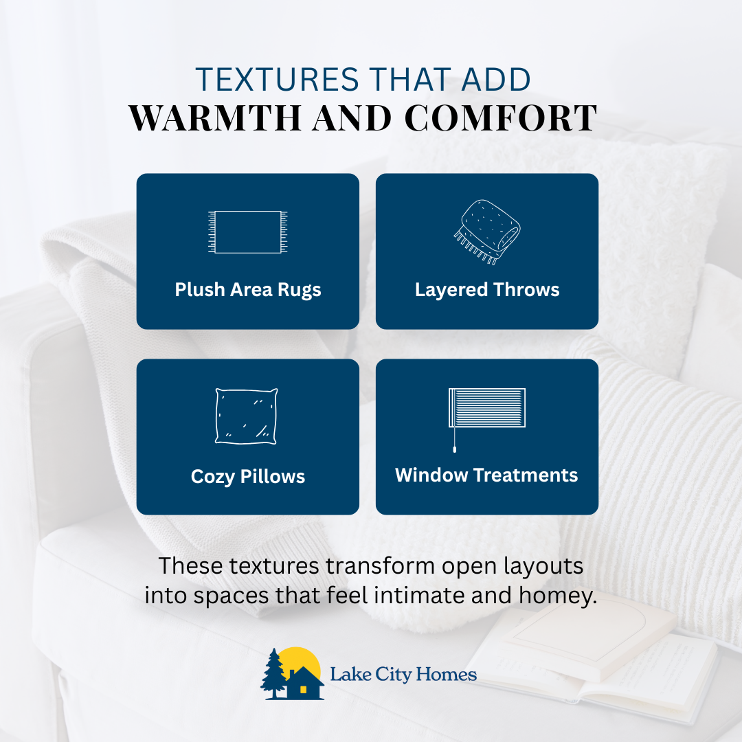 Graphic showing cozy home textures: plush rugs, layered throws, cozy pillows, and window treatments. Designed with a soft background and the Lake City Homes logo.