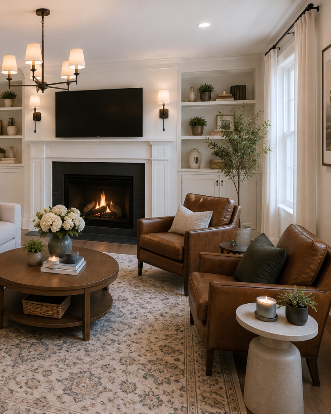 Cozy living room with a lit fireplace, leather armchairs, a round wooden coffee table, and a wall-mounted TV above the fireplace. Decor includes potted plants, candles, and books on built-in shelves.