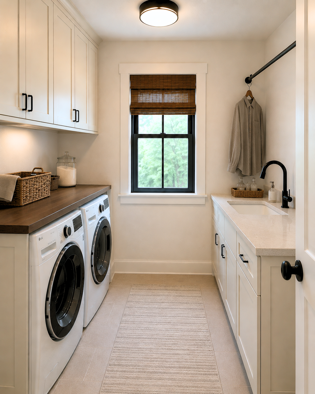 A laundry room with white cabinets, a wooden countertop, a front loading washing machine and dryer, a window with brown bamboo shade, and a small sink with a black faucet.