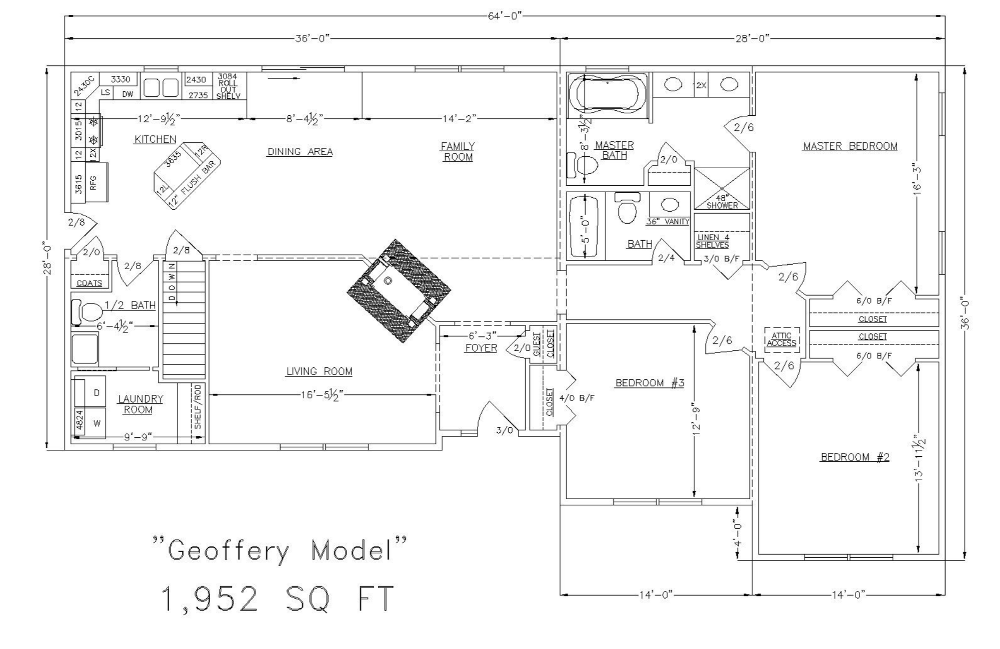 Architectural floor plan for a house named 'Geoffery Model', measuring 1,952 square feet, showing rooms such as living room, kitchen, dining area, family room, master bedroom with master bath, two additional bedrooms, bathrooms, laundry room, closets, and attic access. Detailed dimensions and layout are included.