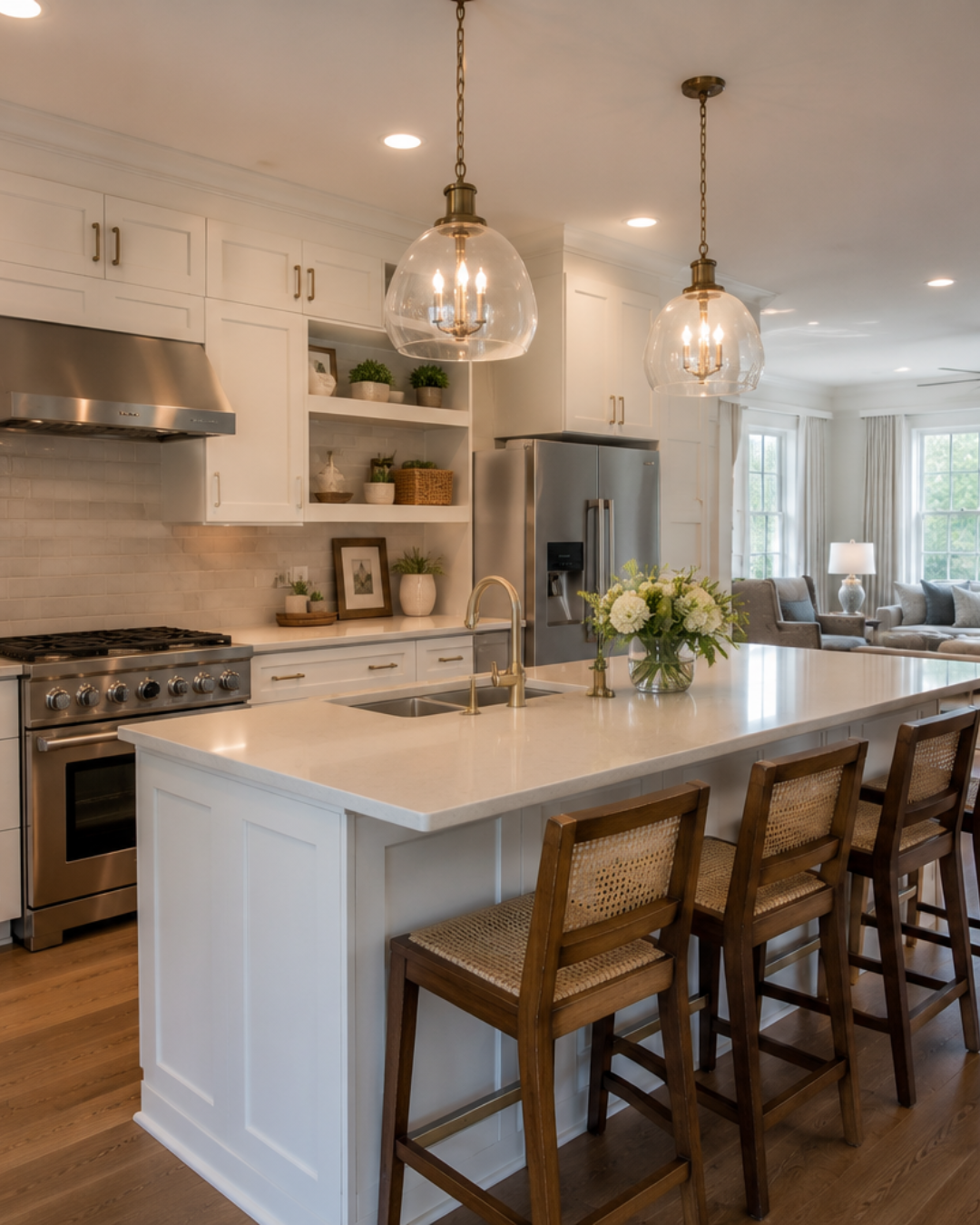 Modern kitchen with white cabinets, stainless steel appliances, two pendant lights, a central island with beige countertop, a vase of white flowers, and a view into the living room with large windows and comfortable seating.
