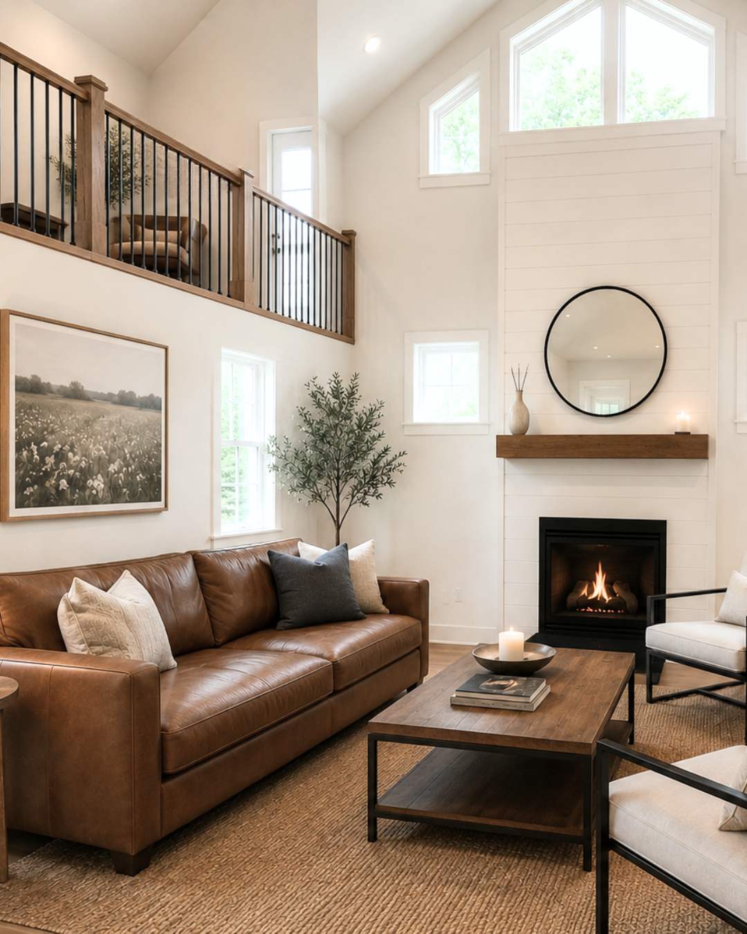 Living room with high ceiling, brown leather sofa, white and dark pillows, wooden coffee table, fireplace with a circle mirror, candle, and decorative vase, framed artwork, window, potted plant, two chairs, and a loft with a chair and plant.