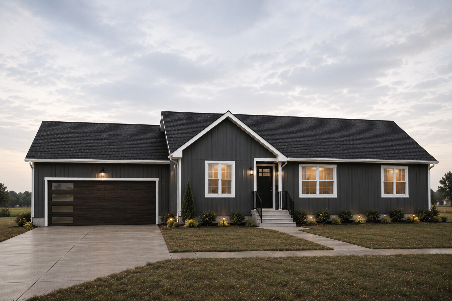 Exterior of a modern dark gray house with a black garage door, white trim, and lit windows at dusk, surrounded by a well-maintained lawn and garden with small bushes and lighting.