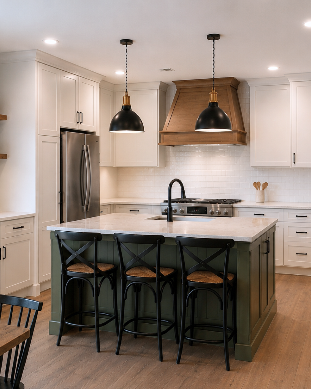 Modern kitchen with white cabinets, black hardware, stainless steel refrigerator, black pendant lights, wood range hood, white tile backsplash, white countertops, black faucet, and black bar stools with wooden seats around a kitchen island.