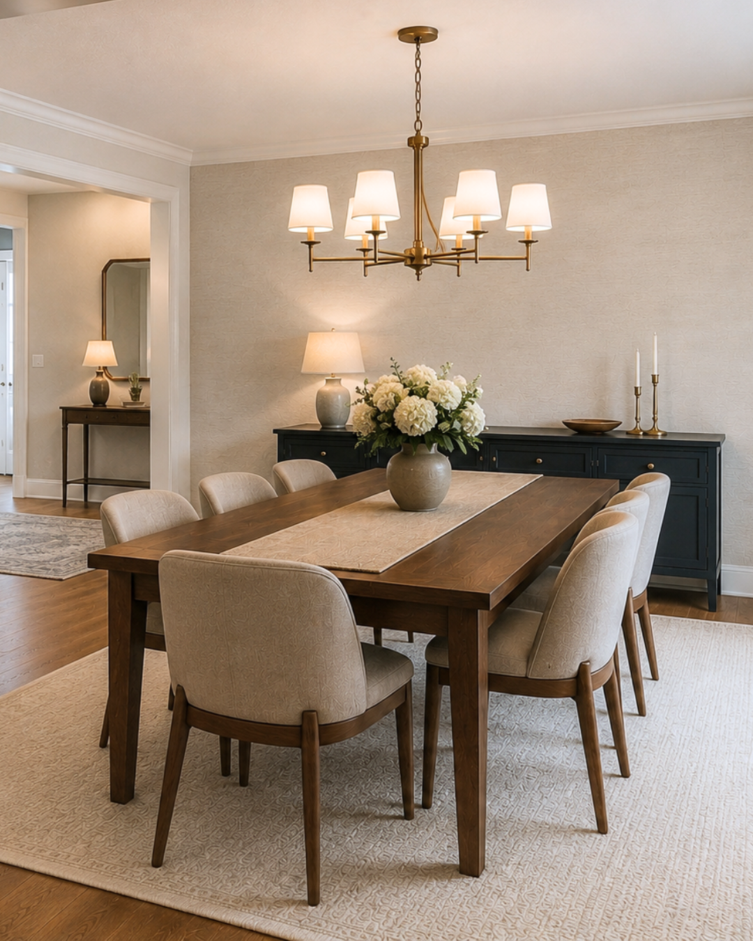 A dining room with a wooden table, beige upholstered chairs, a black sideboard, and a chandelier with multiple lamps