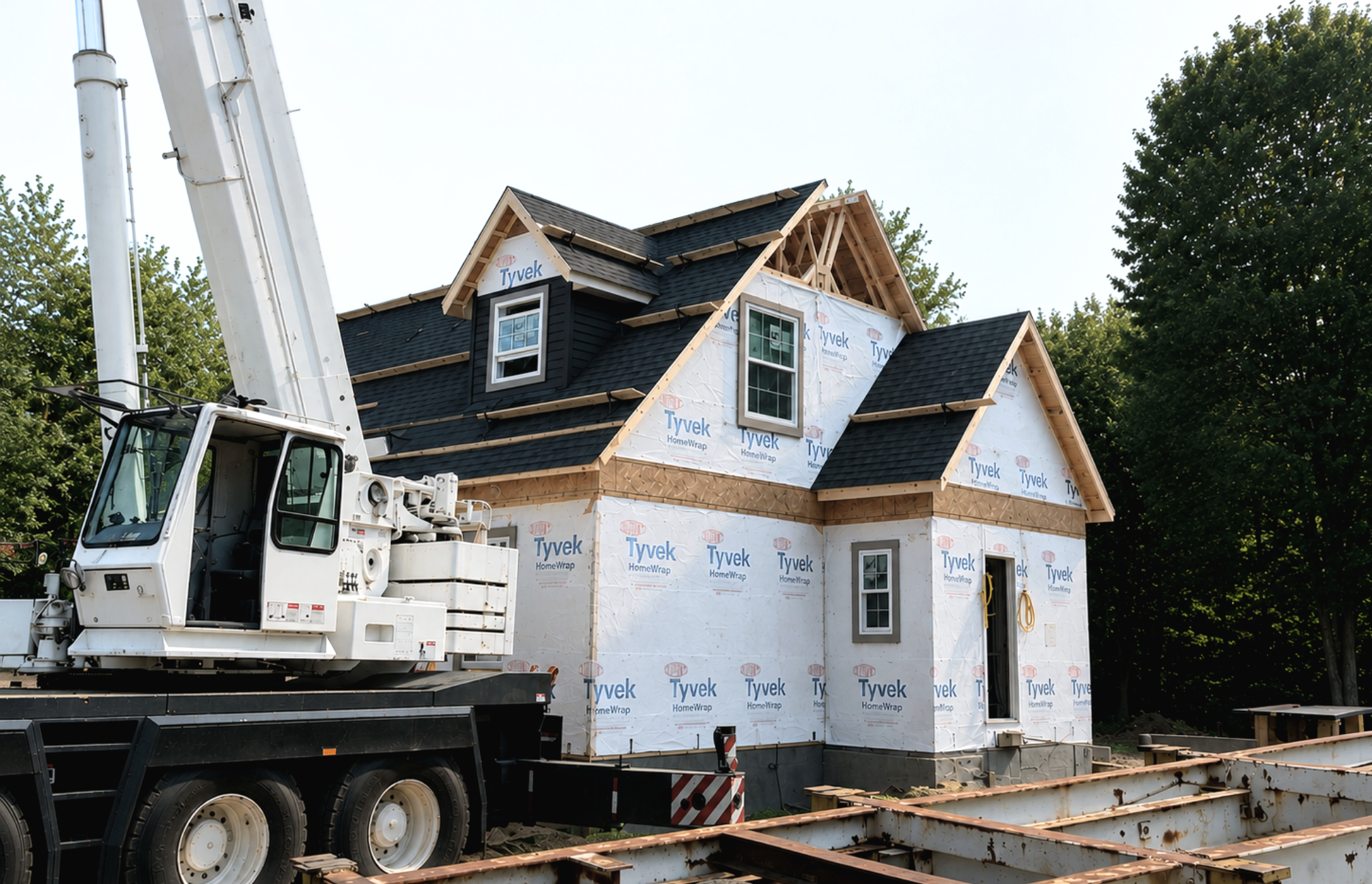 A house under construction with black roofing and white windows, wrapped in Tyvek HomeWrap, being lifted by a large white crane on a construction site surrounded by green trees.