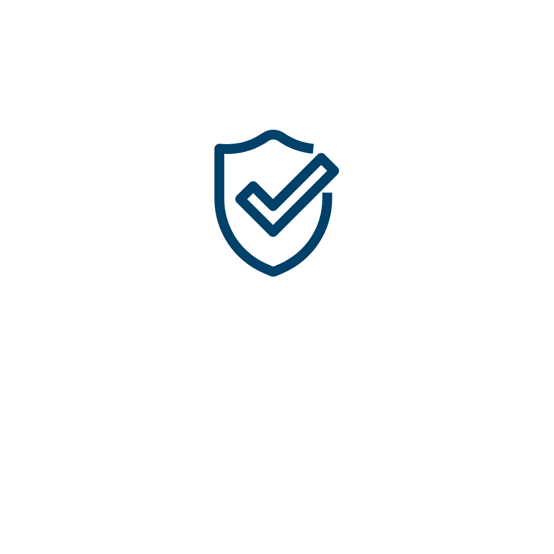 A blue shiled with a checkmark icon and a white background.