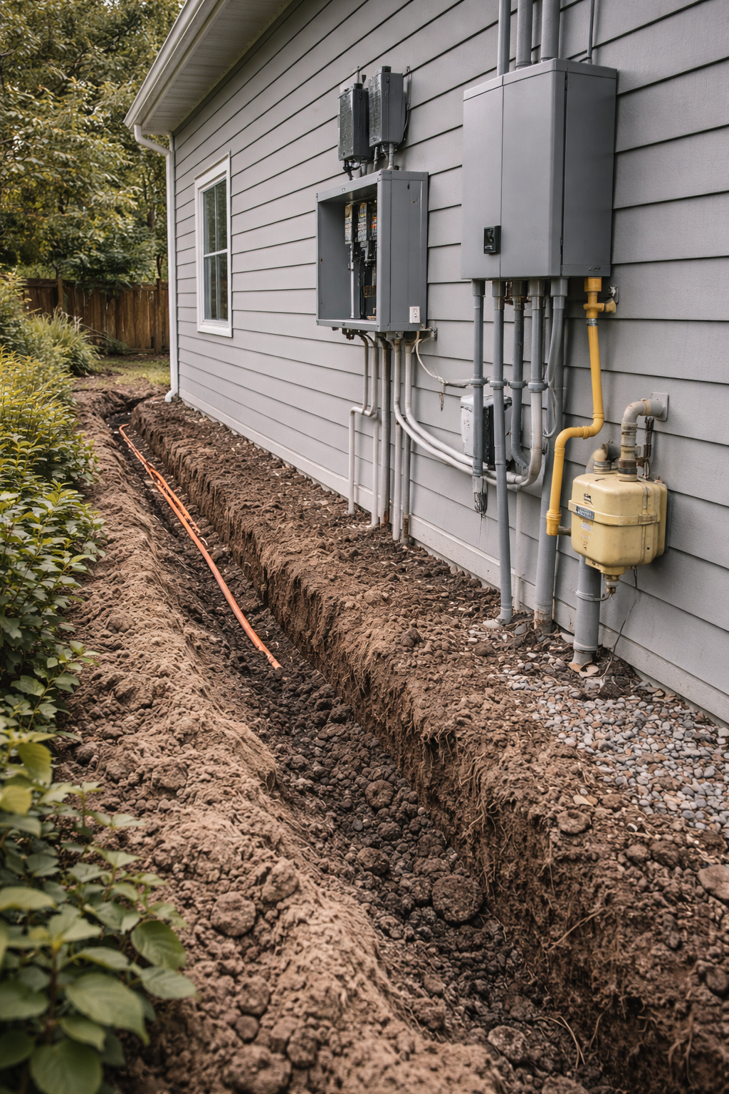 Grey, exterior image of an ADU showing the utilities.