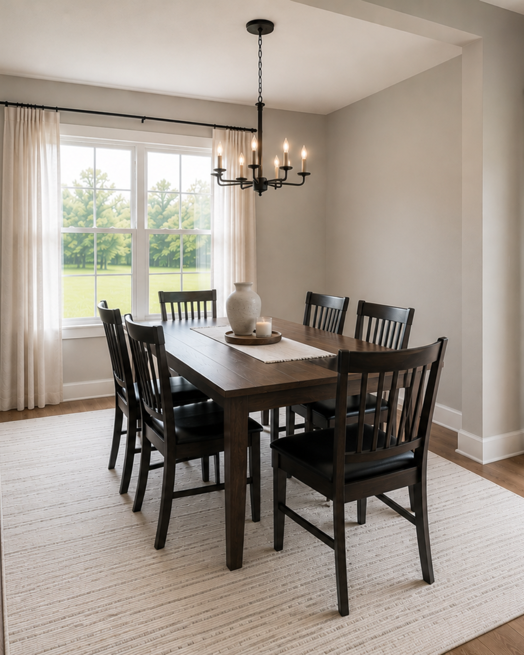 A dining room with a wooden table, six black chairs, a white vase, a candle, and a window with cream curtains, a black chandelier hanging overhead, and a cream rug on a wooden floor.