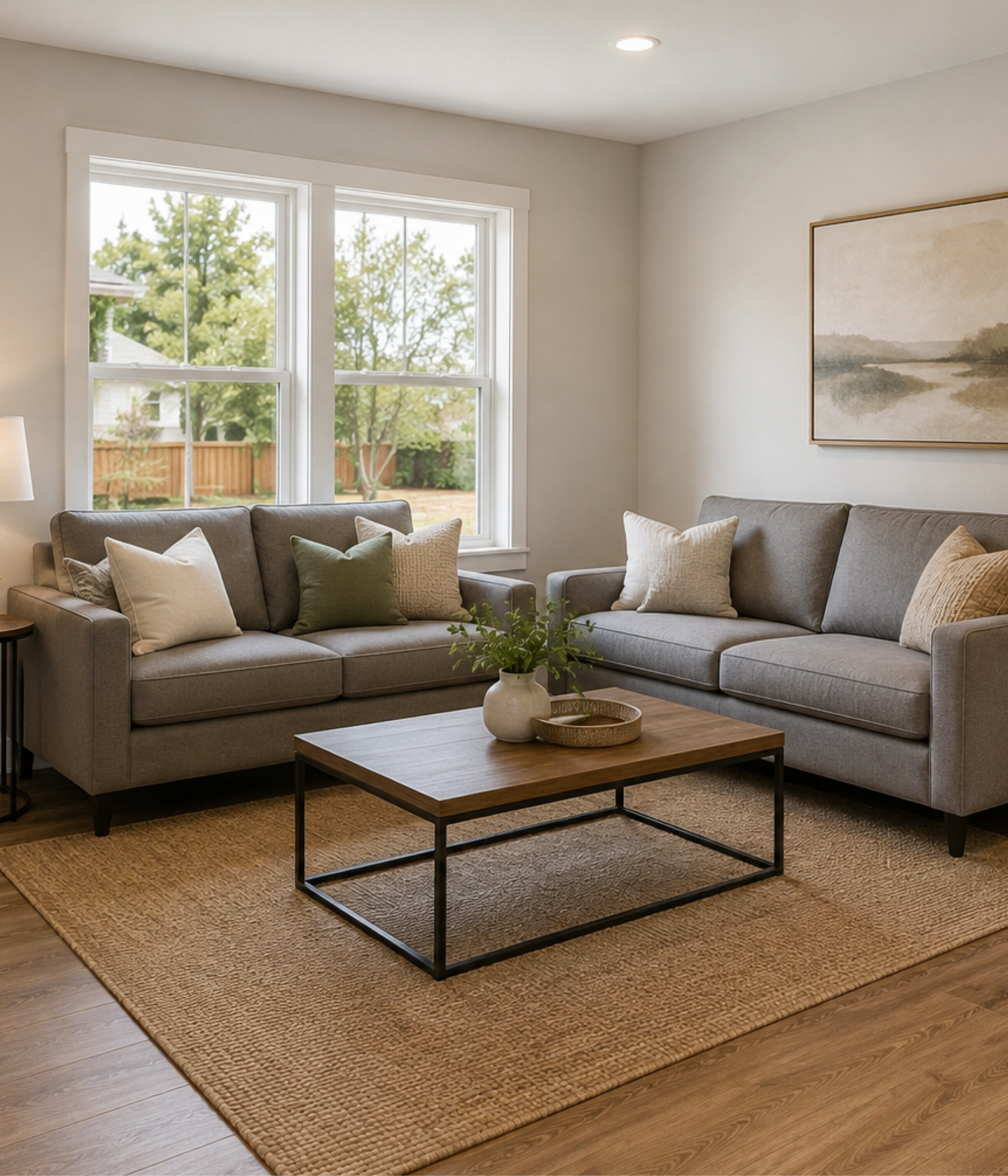Living room with two large gray sofas with multiple beige and green accent pillows, a rectangular wooden coffee table with a black metal frame, decorative vases, a beige woven rug, large windows with white trim showing greenery outside, a framed landscape painting on the wall, and a hardwood floor.