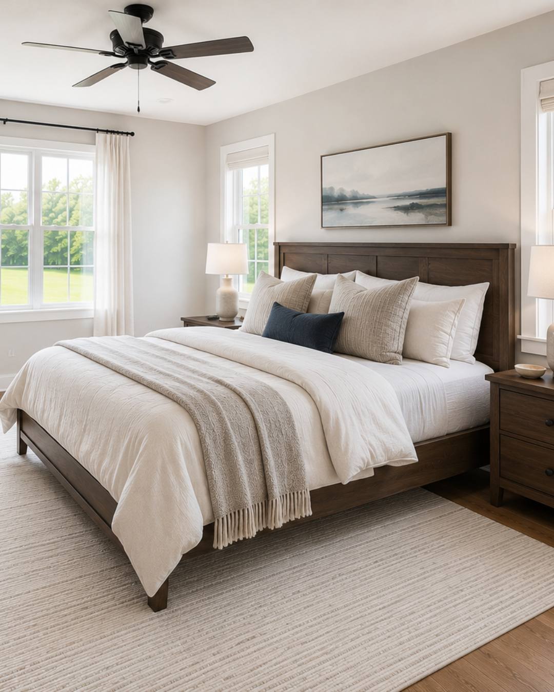 A bedroom with a large bed, dark wooden headboard, beige bedding, and multiple pillows, two nightstands with lamps, two windows with white curtains, a framed landscape painting above the bed, a ceiling fan, and a beige area rug.