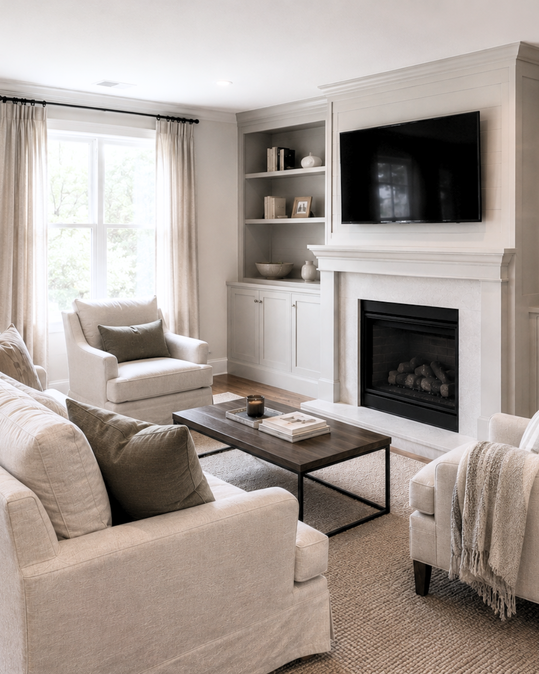 Living room with white sofas, a wooden coffee table, a fireplace, a flat-screen TV above the fireplace, built-in shelves with decor, and a window with light-colored curtains.