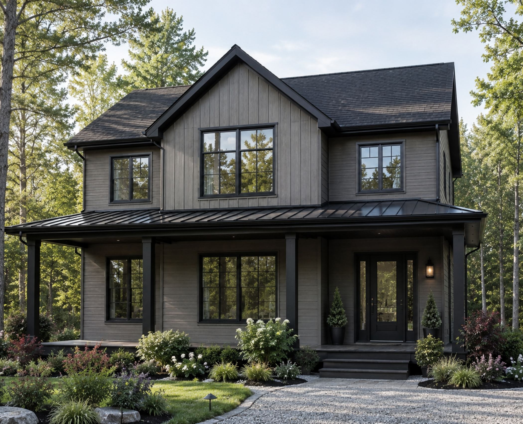A modern two-story house with gray siding, large windows, and a metal roof surrounded by a landscaped garden with various plants and shrubs.