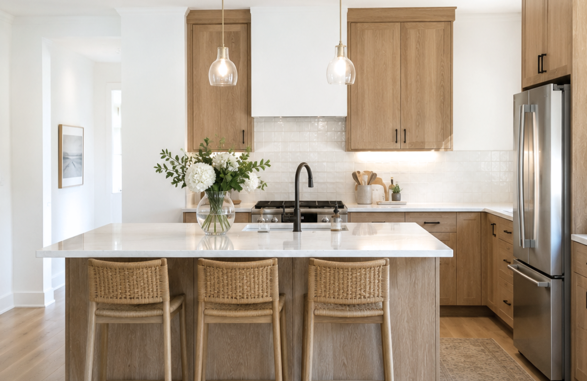 Modern kitchen with a marble island, wooden cabinets, pendant lights, and a flower vase on the island.