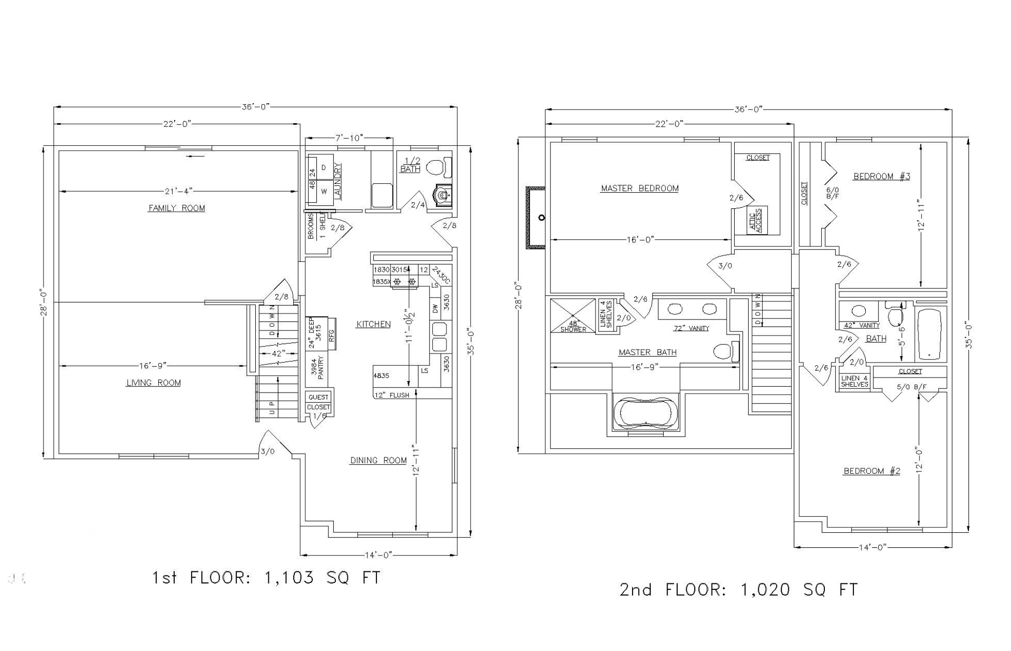 Floor plan blueprint of a two-story house with room labels and dimensions for the first and second floors.