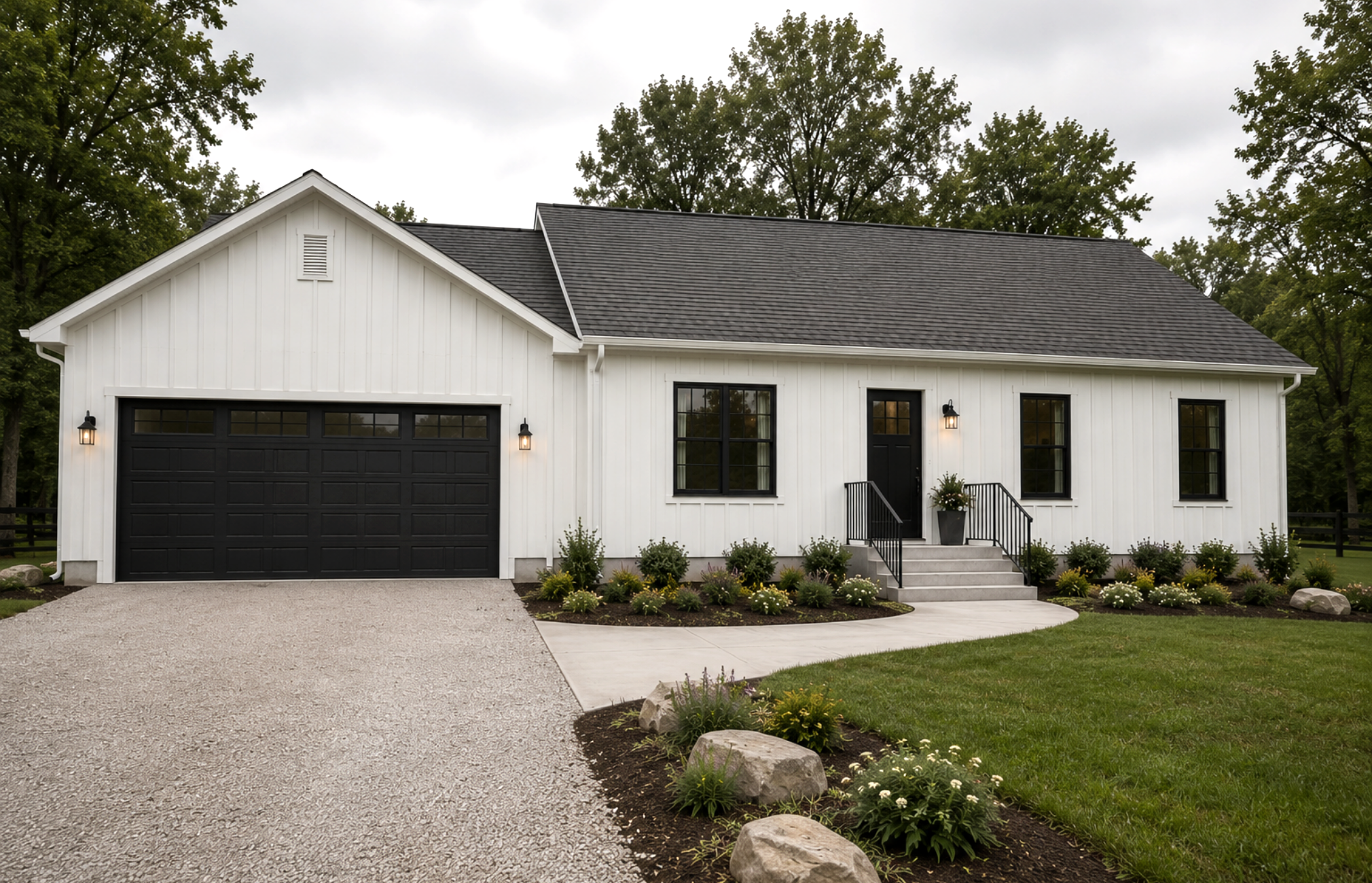 Modern white house with black garage door and black front door, surrounded by landscaped garden and greenery.