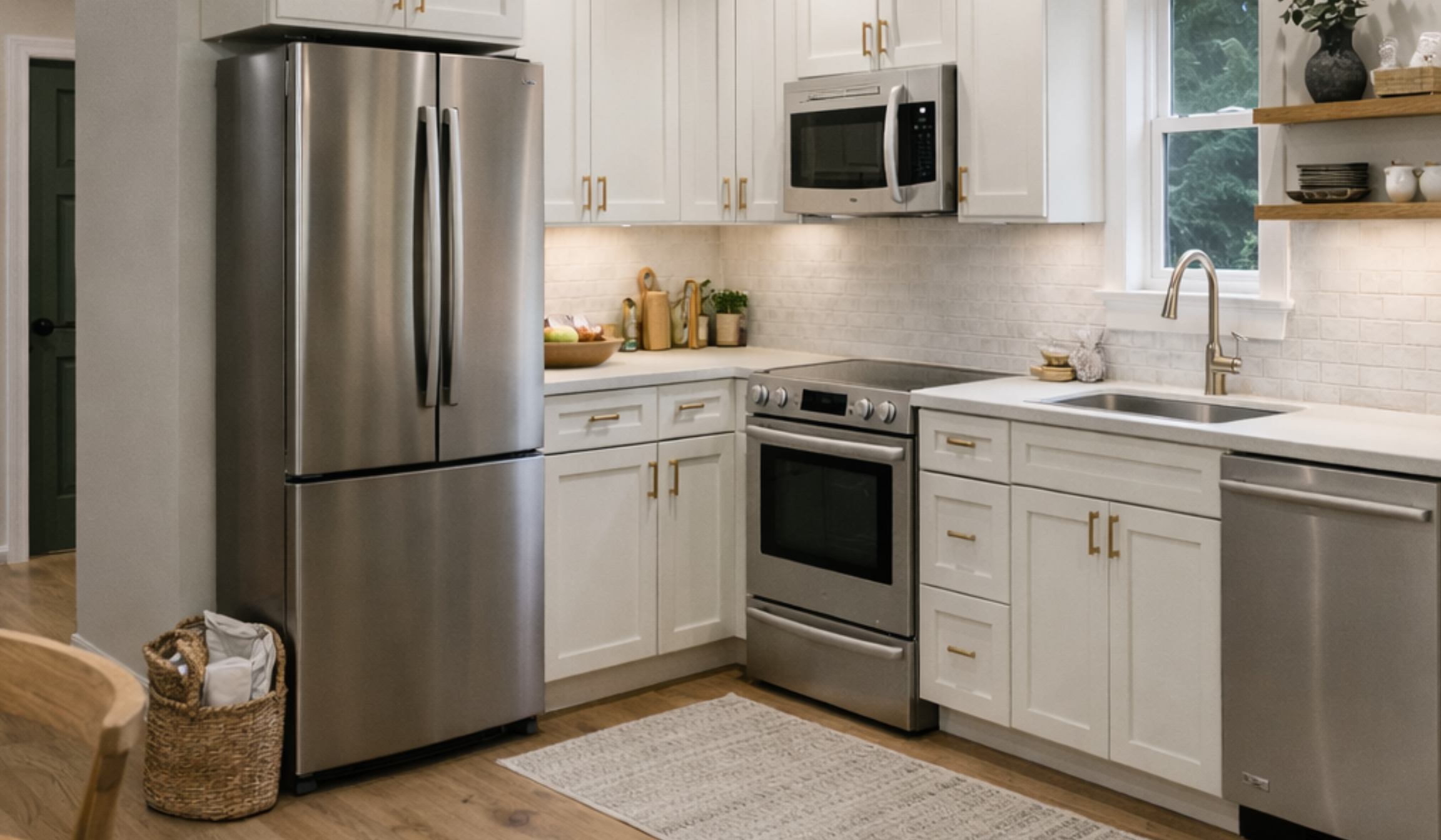 A modern kitchen with white cabinets and stainless steel appliances, including a refrigerator, microwave, and oven. There are open wooden shelves with dishes and decor, a window above the sink, and a beige rug on wooden floor.