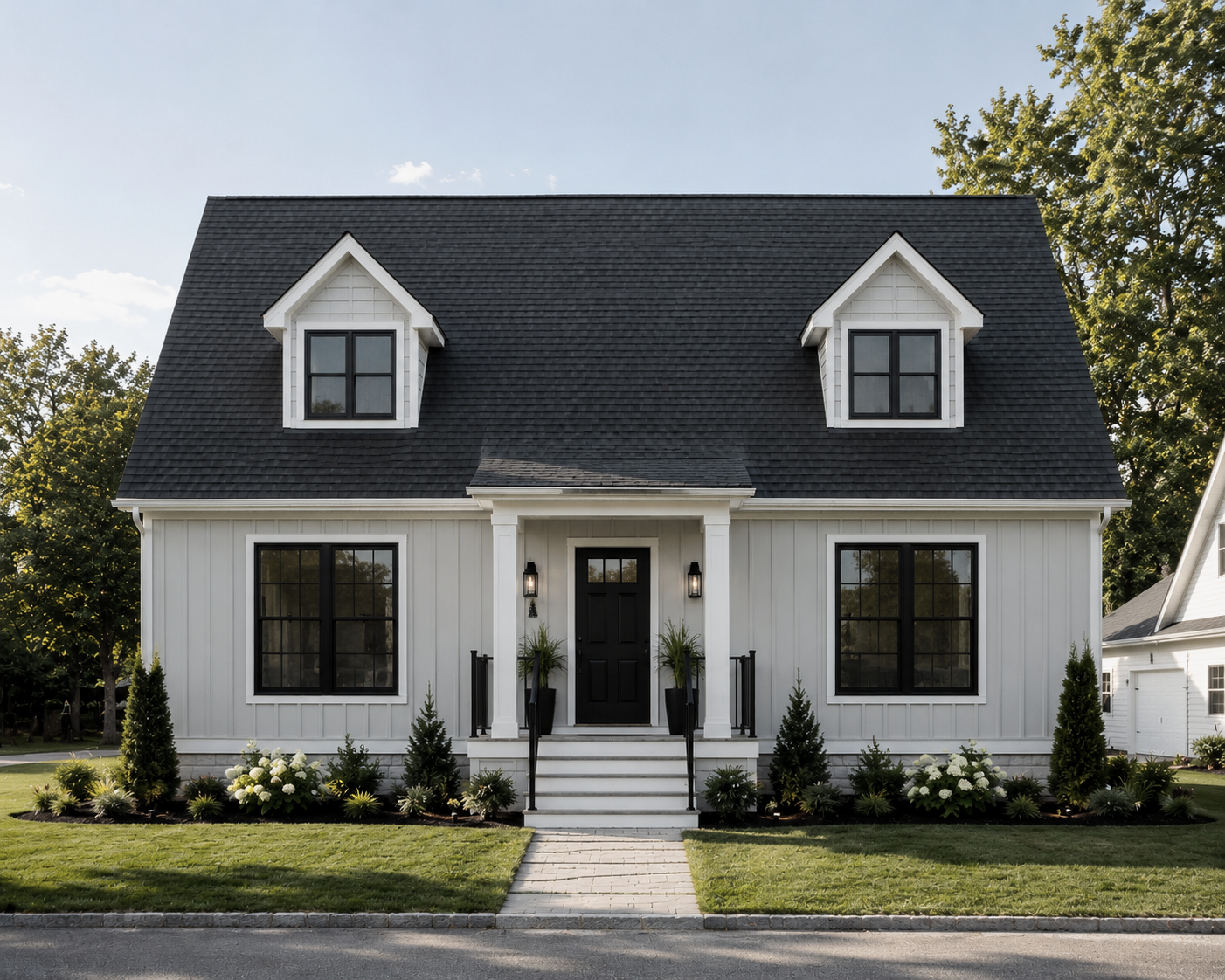 White two-story house with black roof, front porch, black front door, and large windows, surrounded by green lawn and plants, on a sunny day.