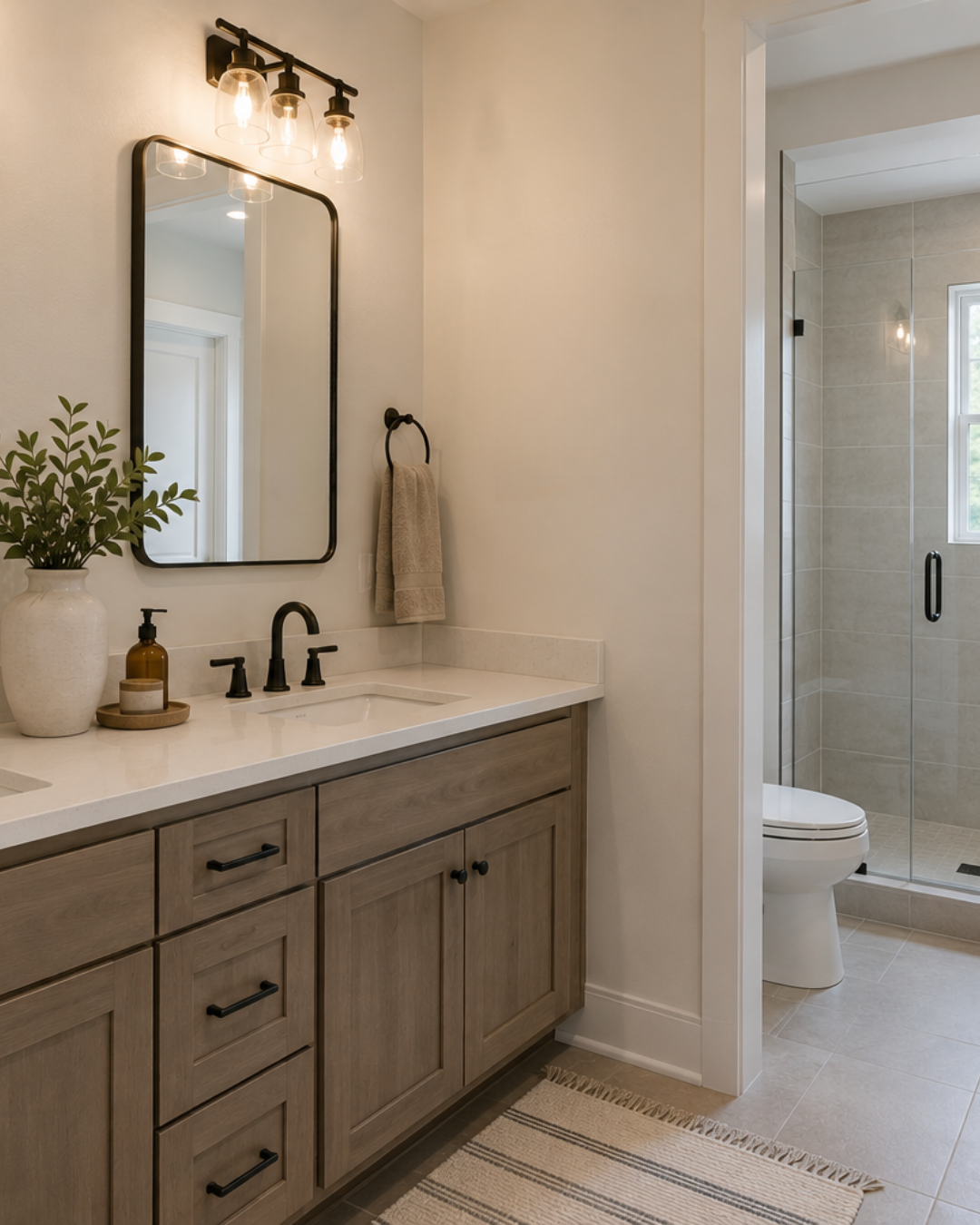 Bathroom with wooden vanity, oval mirror, wall-mounted light fixture, beige countertop, brown soap dispenser, small decor, towel hook with towel, and a bathroom with tiled shower and toilet visible through an open door.
