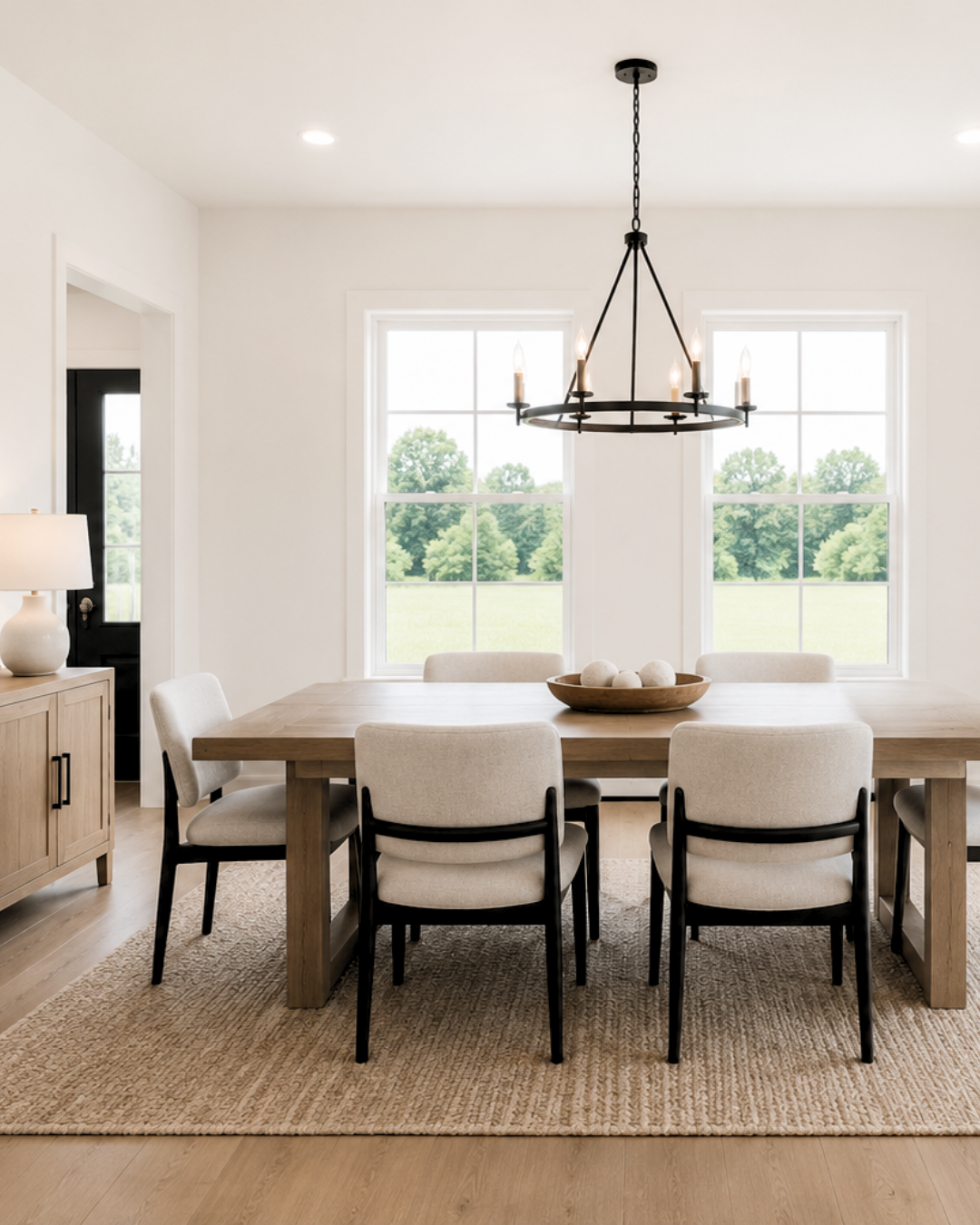 Dining room with a wooden table, six upholstered chairs, large windows showing a green outdoor view, a black chandelier, a beige rug, and a sideboard with a lamp.