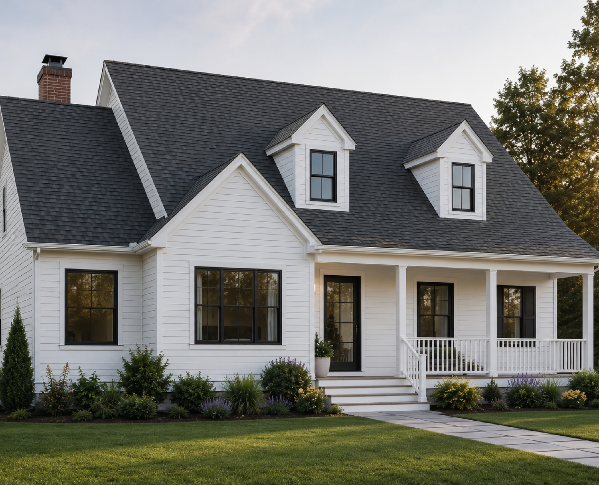 A white house with black window frames and a black shingle roof, surrounded by a green lawn and landscaped plants, with a clear sky in the background.