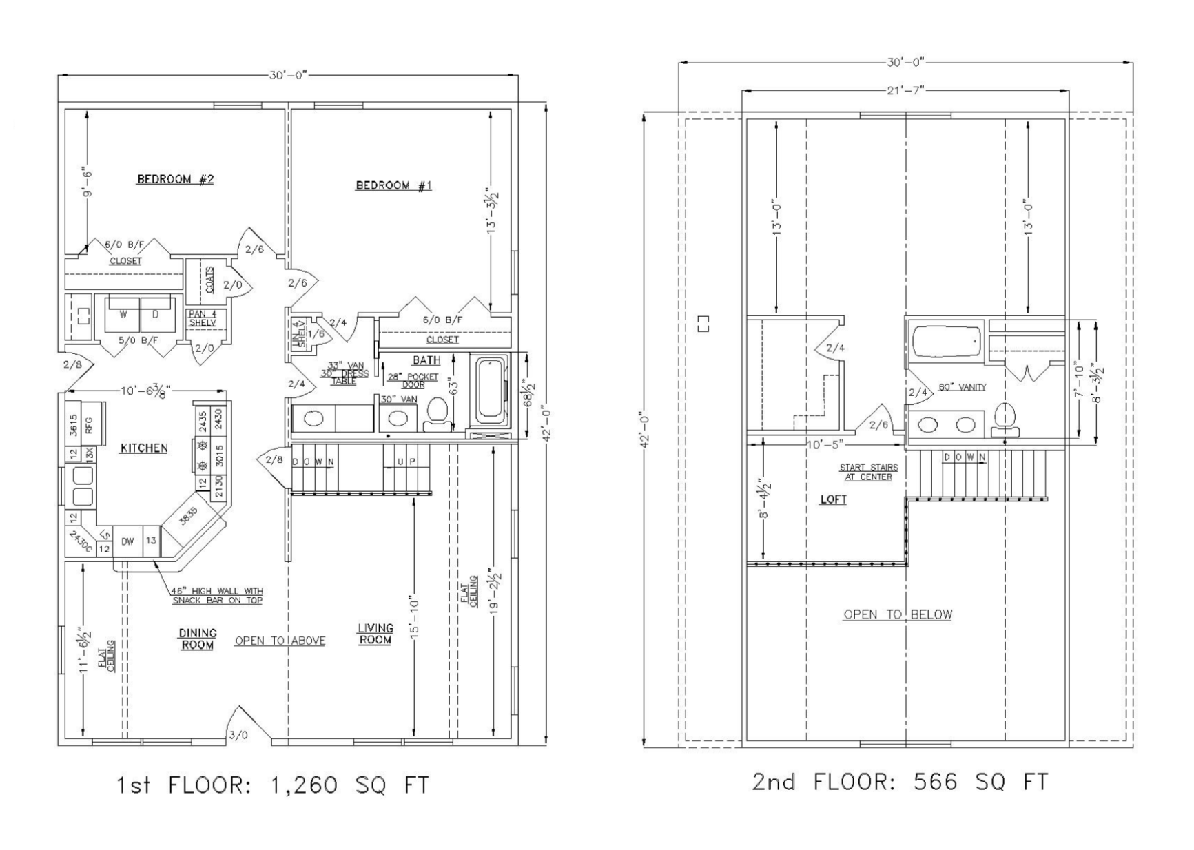 Floor plan blueprints of a two-story house, showing the layout of the first and second floors with dimensions, room labels, and structural details.