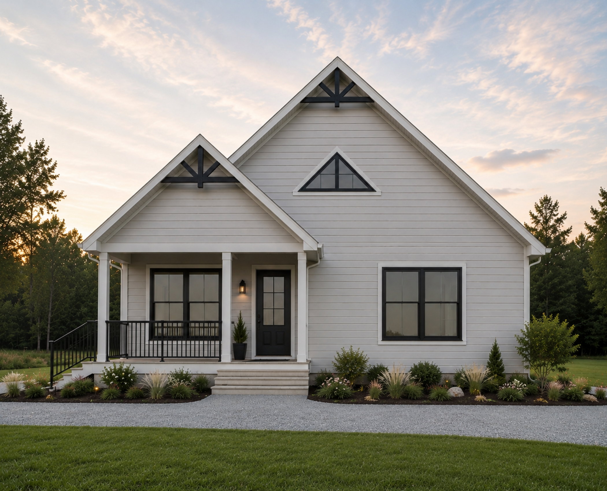 White house with black-trimmed triangular gables, front porch with stairs, surrounded by a landscaped yard with small plants and trees, sky at dusk.