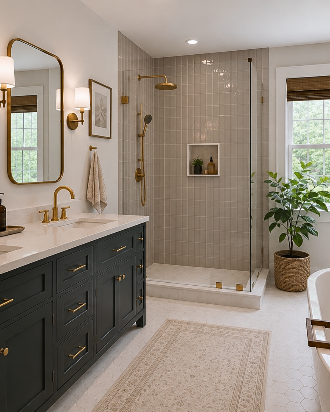 Bathroom with a dark green vanity, gold hardware, and a white countertop with a built-in sink. There are two wall-mounted light fixtures with white shades above the vanity. A framed picture is on the wall. The shower area has beige tiles, a gold showerhead, and a niche with a plant and bottles. A large window with a brown blind and a potted plant on the floor are visible.