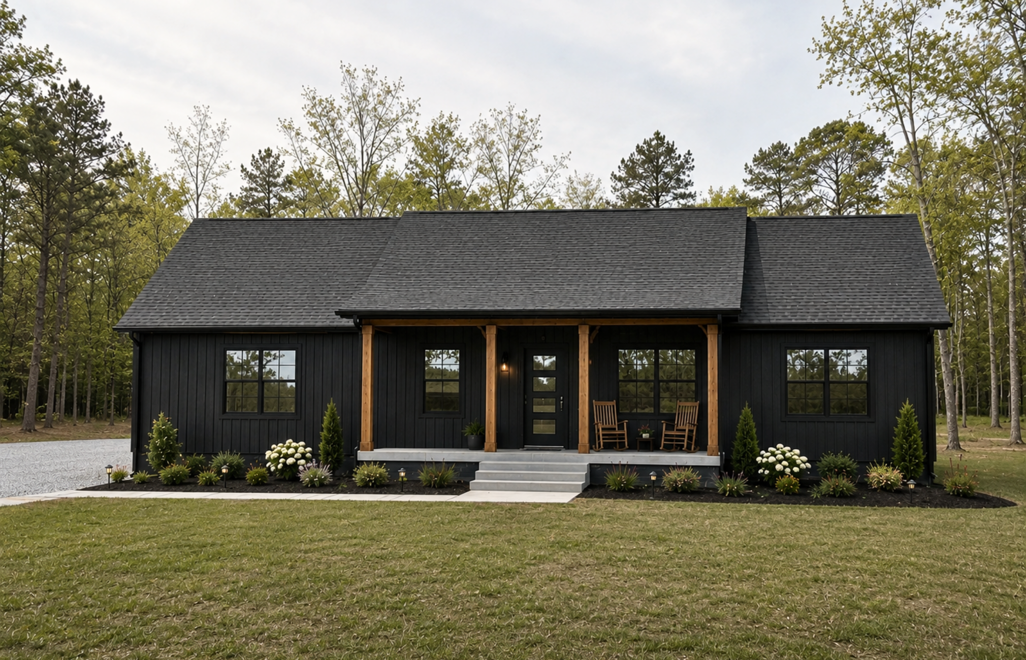 A black modern house with a sloped roof, front porch with wooden columns, and two chairs on the porch, surrounded by a well-maintained lawn and flower beds with white flowers. Trees are in the background under a cloudy sky.