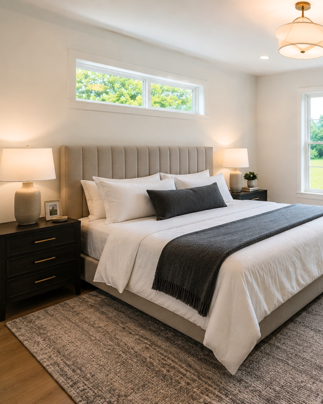 A neatly made bed with white bedding, a black throw blanket, and pillows in a bedroom with white walls, two black bedside tables with lamps, and windows showing greenery outside.