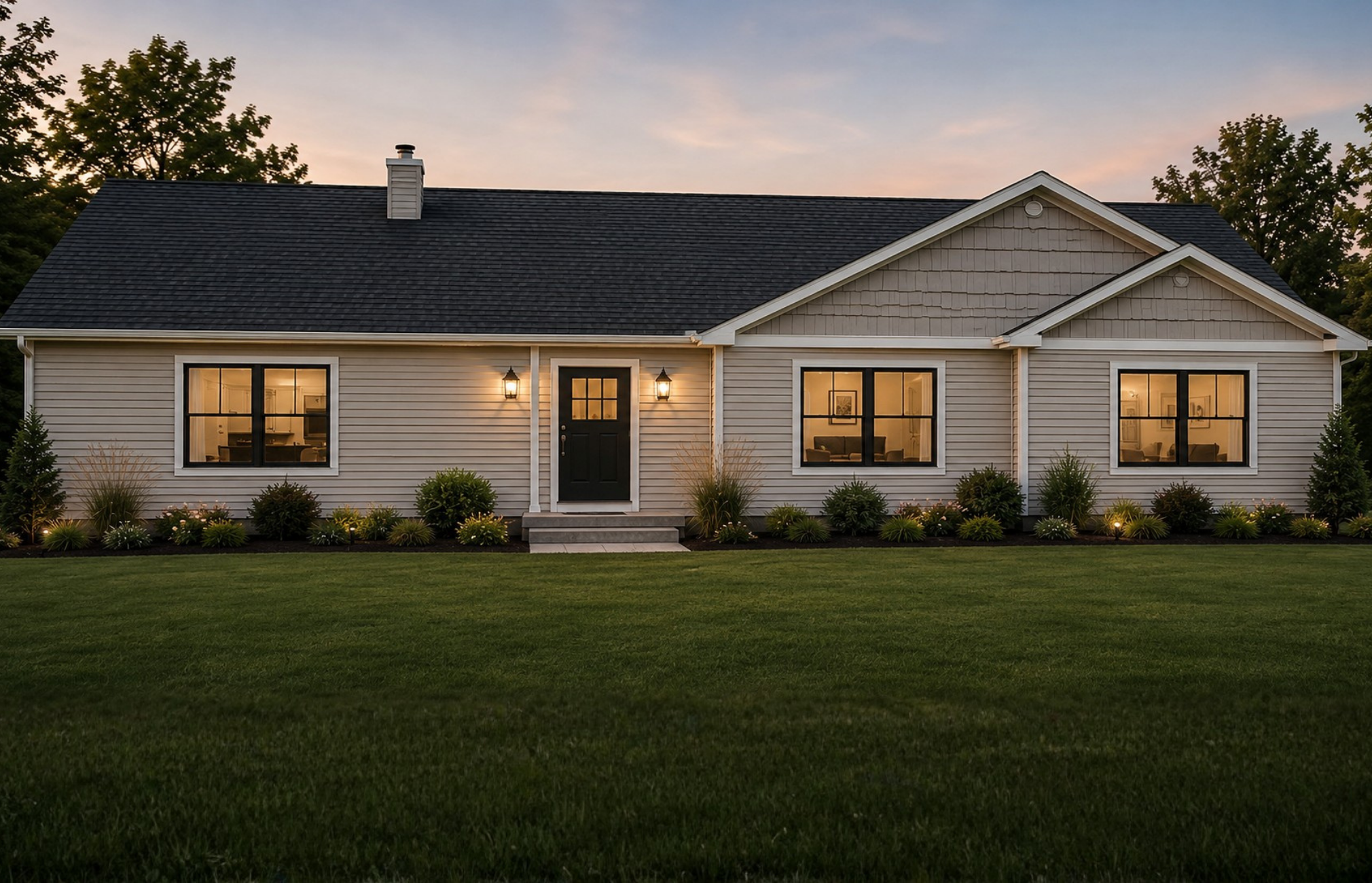 A house with a gabled roof, beige siding, and two illuminated outdoor wall lights, surrounded by a well-maintained lawn and landscaped bushes, during dusk.