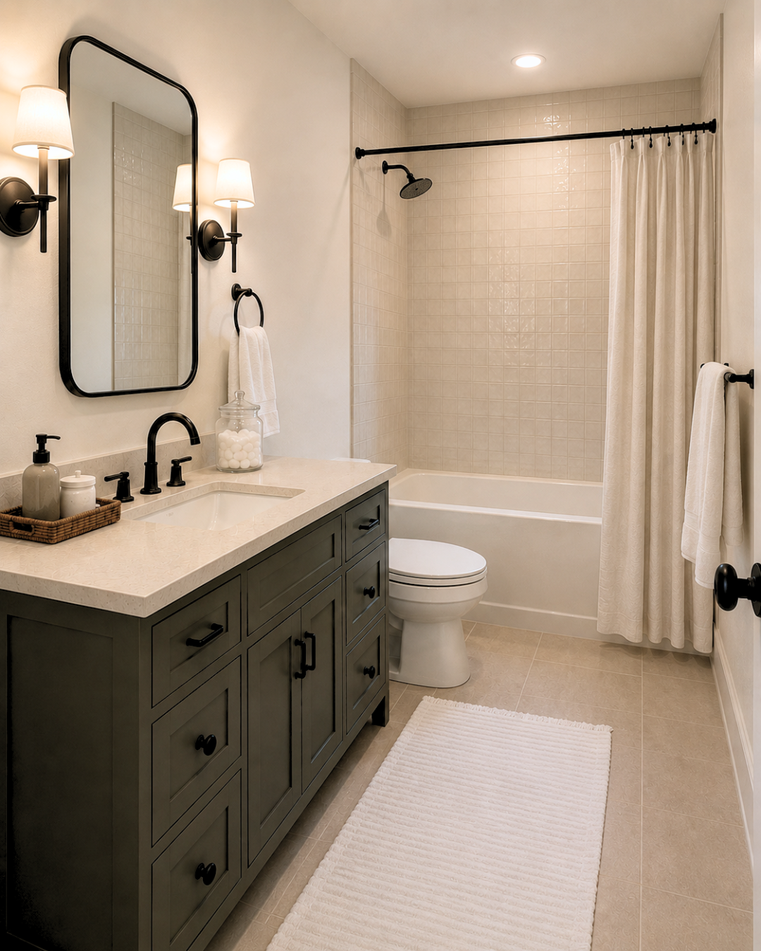 Bathroom with a green vanity, a mirror with wall sconces, a white countertop with bathroom essentials, a bathtub with a shower, a curtain, and a white rug.
