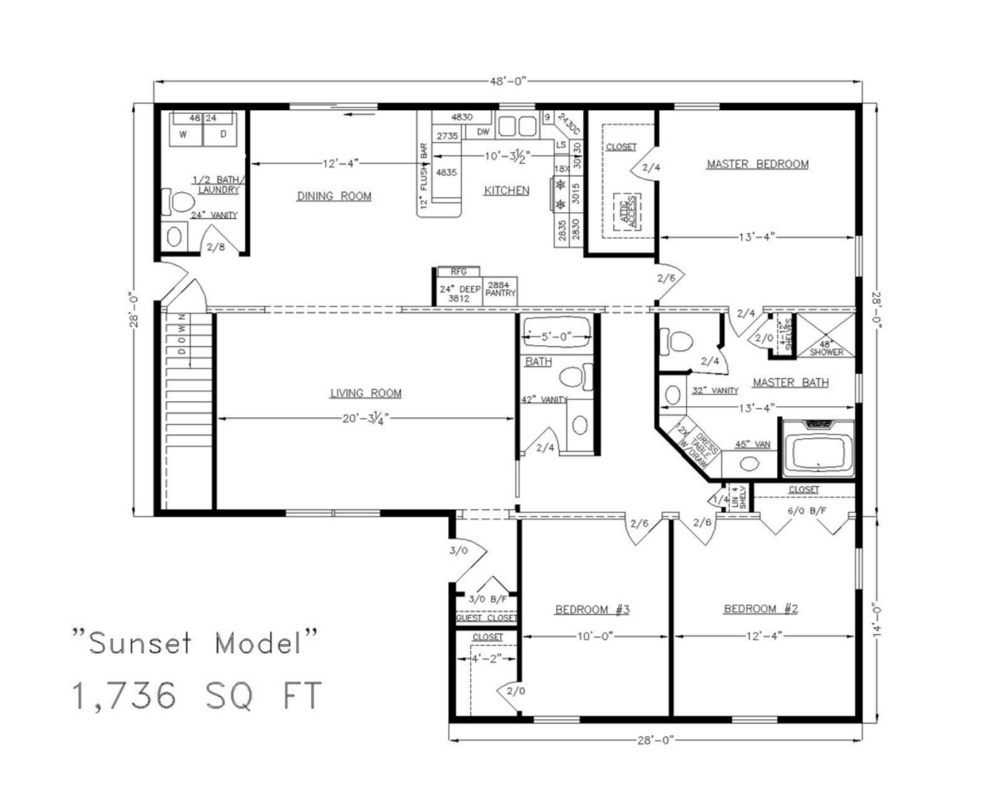 Detailed floor plan of a house called Sunset Model, measuring 1,736 square feet, showing rooms including living room, kitchen, dining room, master bedroom with master bath, two additional bedrooms, additional baths, laundry area, pantry, closets, and various fixtures and furniture arrangements.