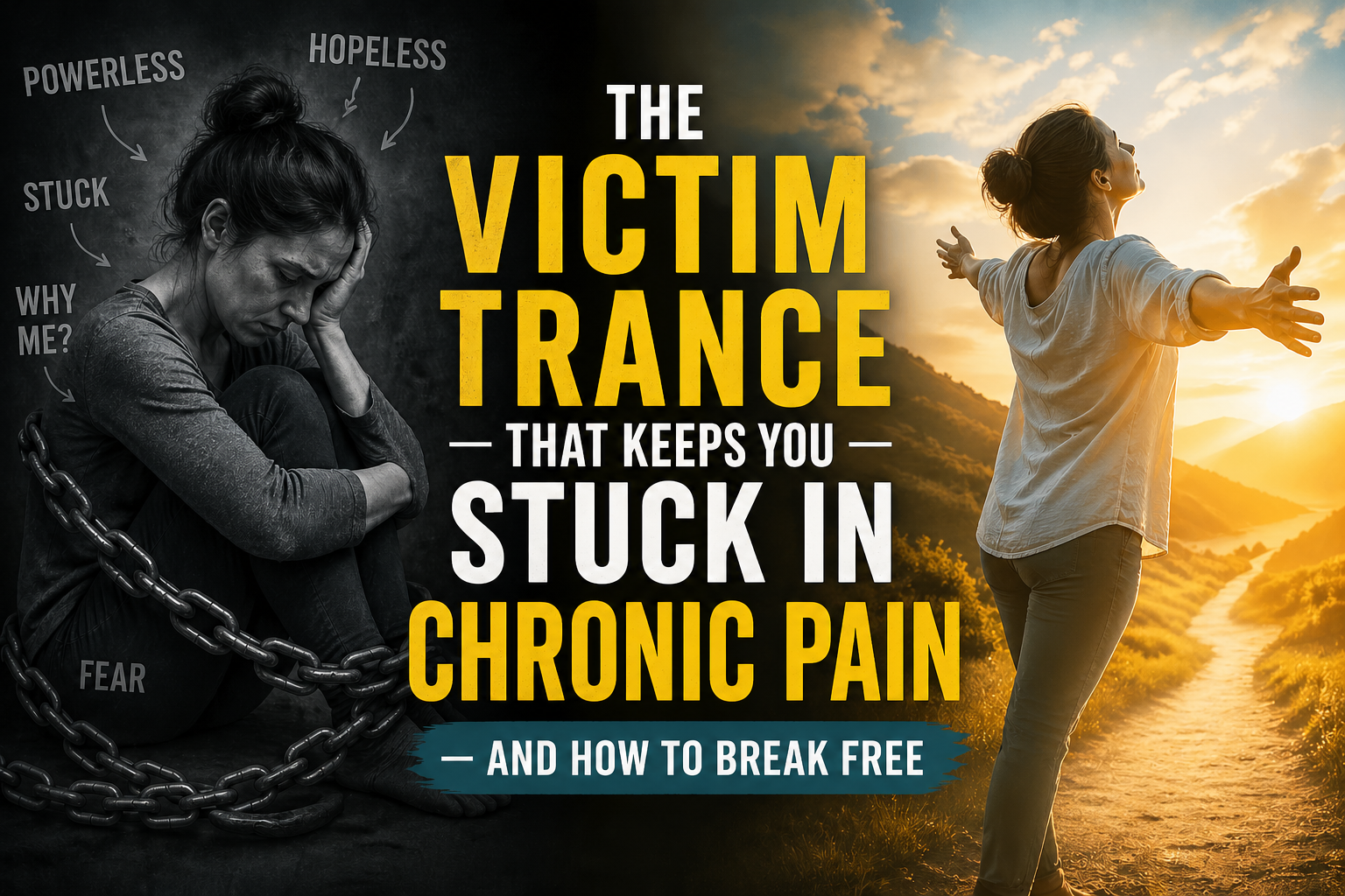 Split image showing a woman trapped in chains and despair on one side and the same woman free in sunlight on the other, illustrating breaking the victim mindset and overcoming chronic pain.